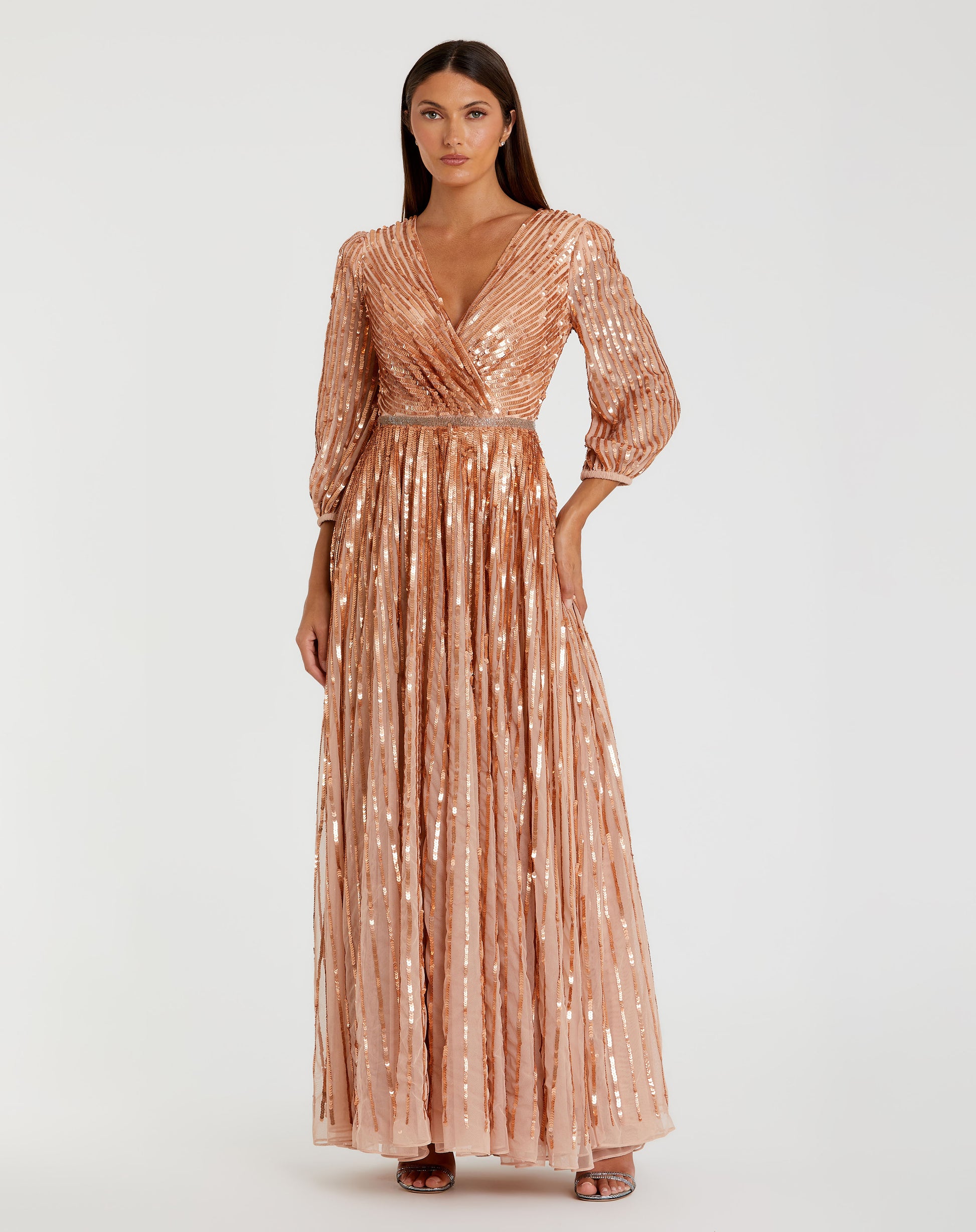 Mac Duggal A5509 Sequined Wrap Over 3/4 Sleeve Gown – B Chic Fashions