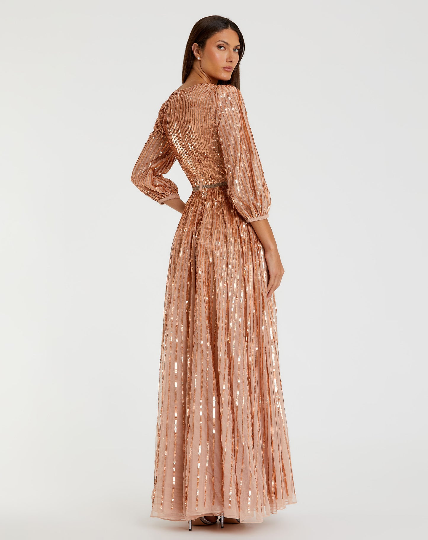 Mac Duggal A5509 Sequined Wrap Over 3/4 Sleeve Gown