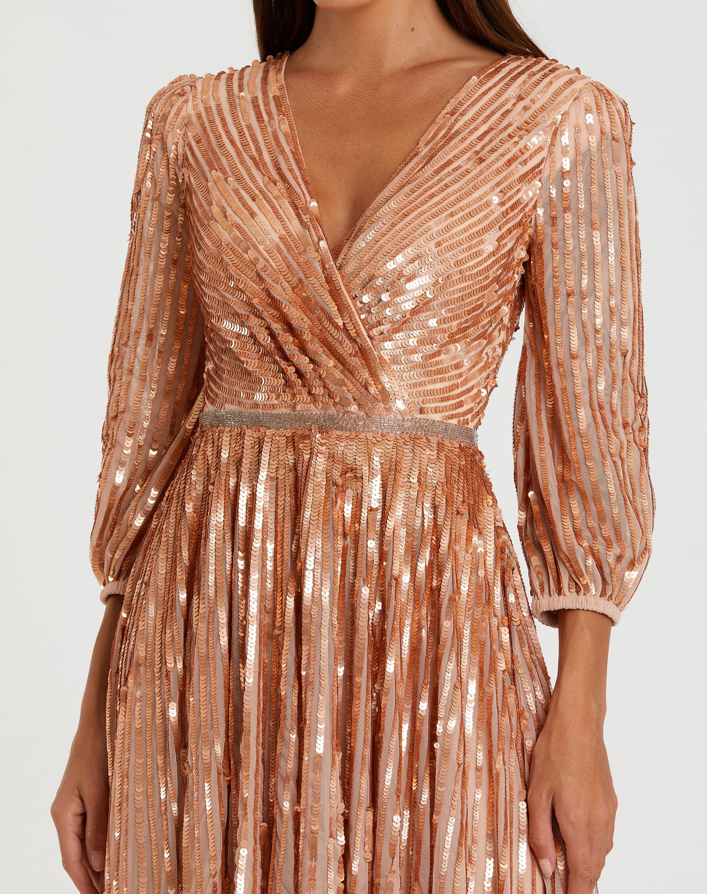 Mac Duggal A5509 Sequined Wrap Over 3/4 Sleeve Gown