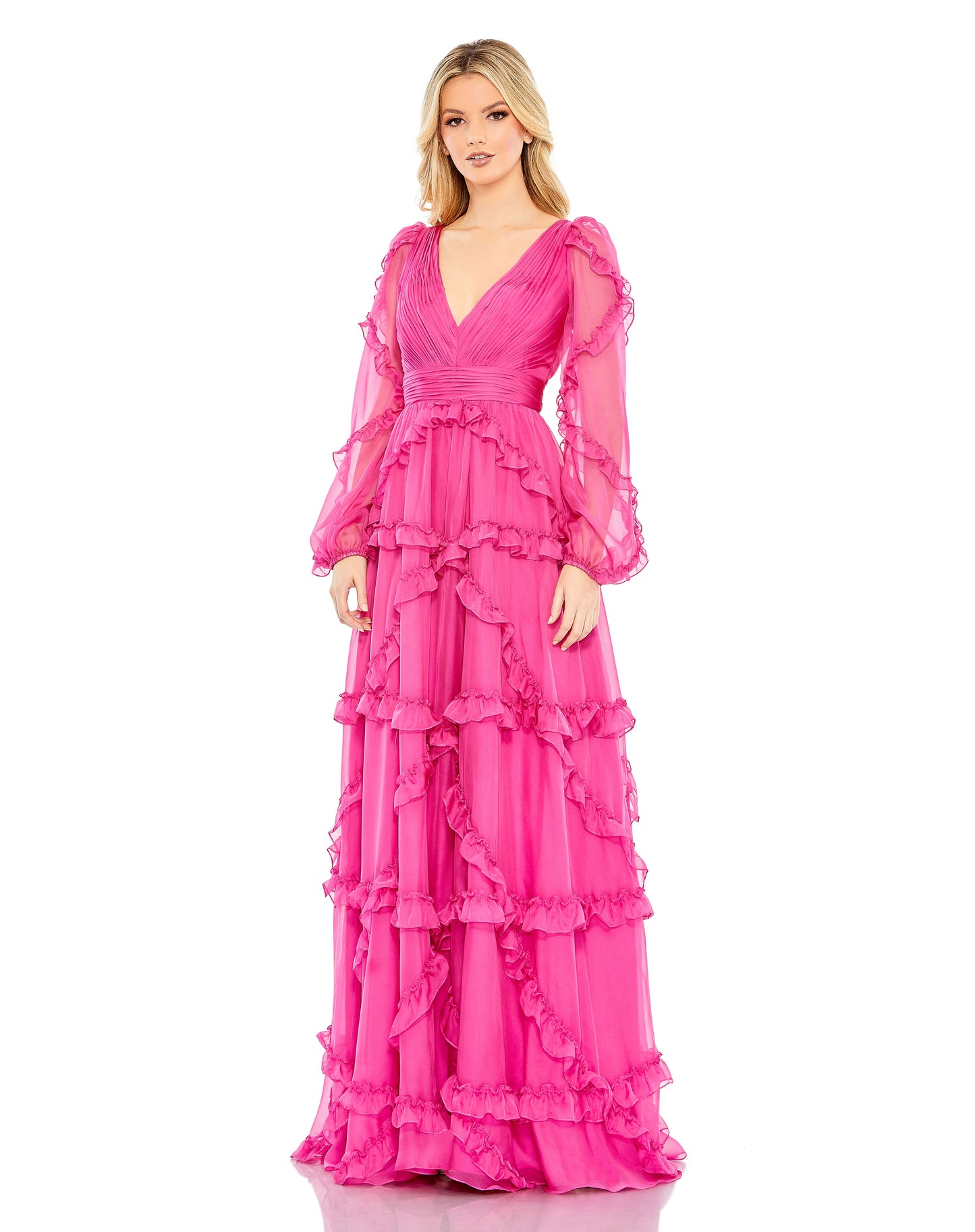 Mac Duggal A68223 Cascade Ruffle Puff Sleeve a Line Gown