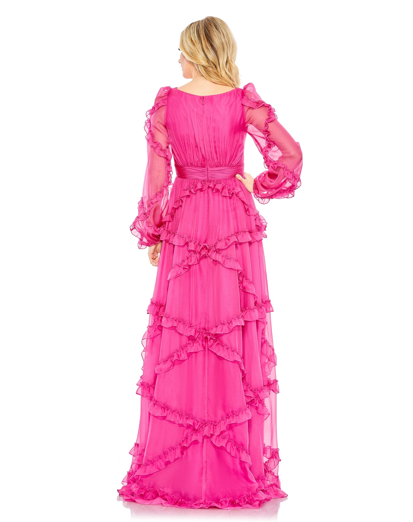 Mac Duggal A68223 Cascade Ruffle Puff Sleeve a Line Gown