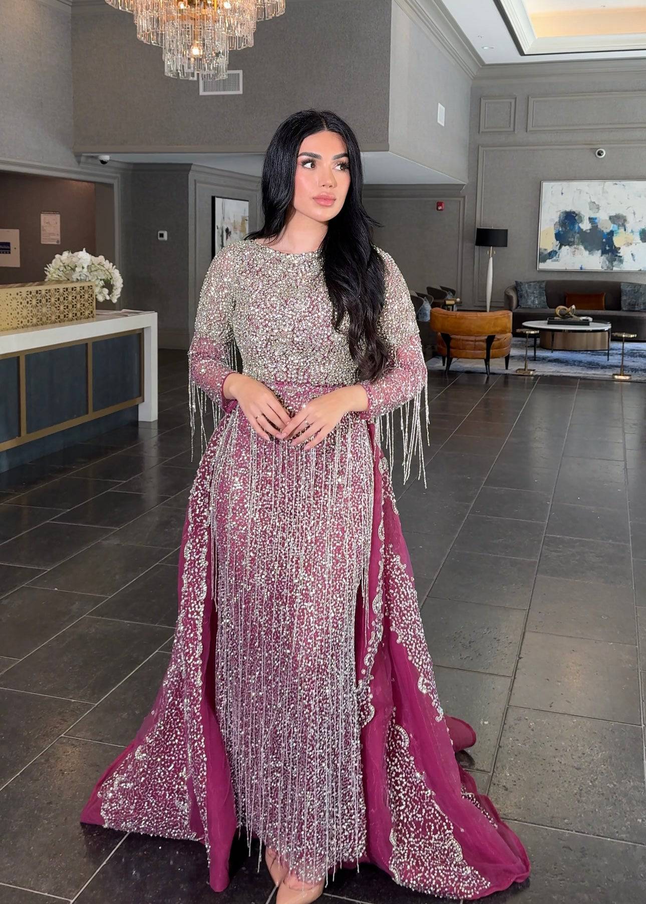 Aleya Long Sleeve Beaded Dress | Modest Evening Wear by Iyza Belaar Dark Fuchsia/Silver / 0 Aleya Long Sleeve Beaded Dress | Modest Evening Wear by Iyza Belaar Dark Fuchsia/Silver / 0
