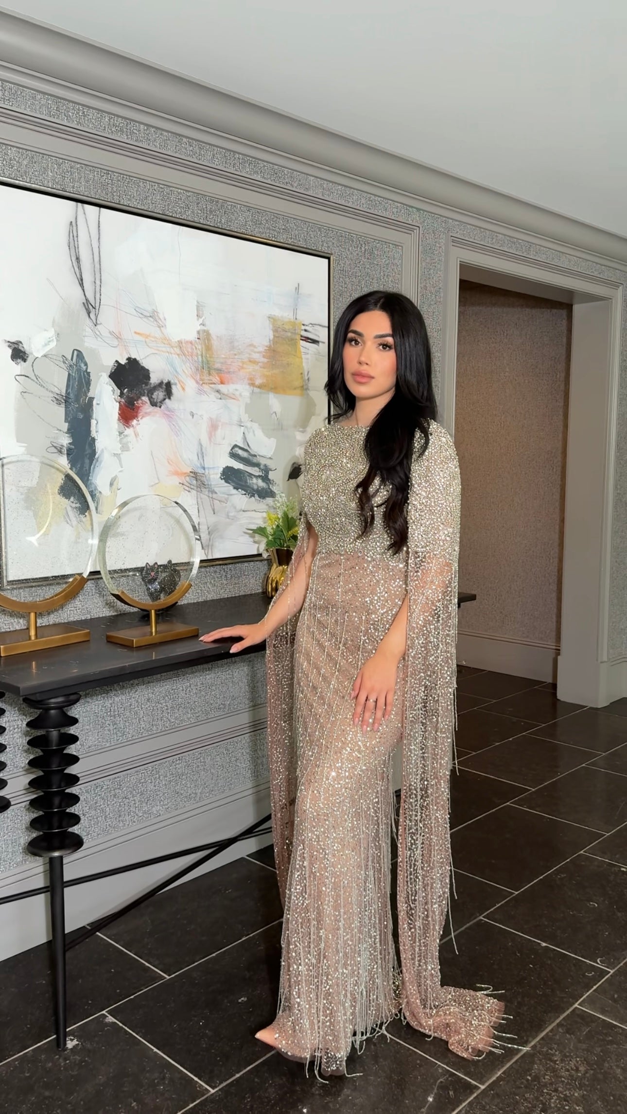 Aleya Drape Cape Sleeve Beaded Dress | Modest Evening Wear by Iyza Belaar Lilac/Silver / 2 Aleya Drape Cape Sleeve Beaded Dress | Modest Evening Wear by Iyza Belaar Lilac/Silver / 2