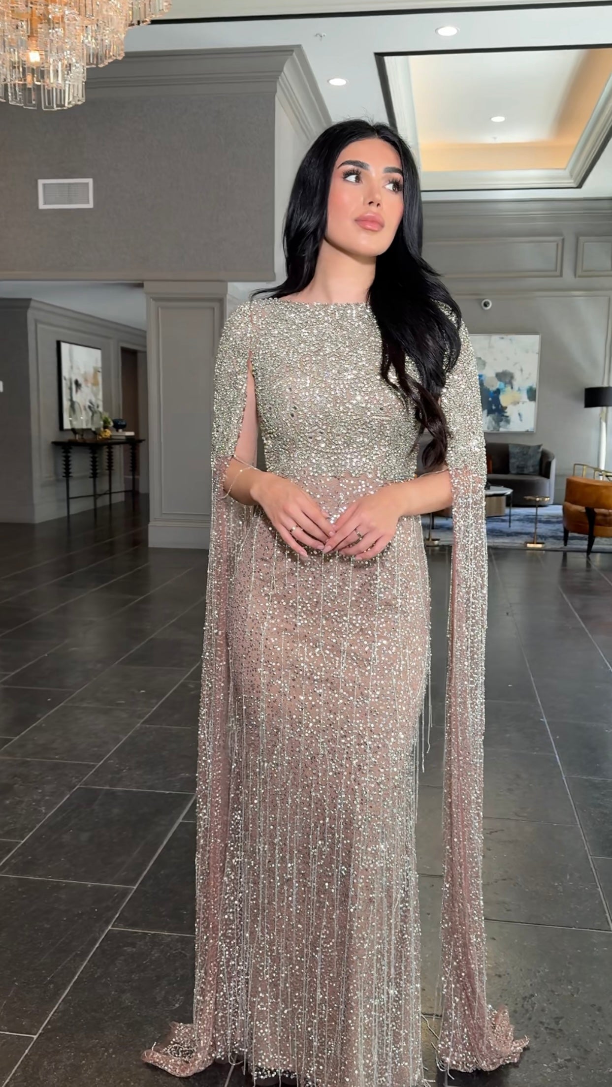 Aleya Drape Cape Sleeve Beaded Dress Emerald/Green/Silver / 2 Aleya Drape Cape Sleeve Beaded Dress Emerald/Green/Silver / 2