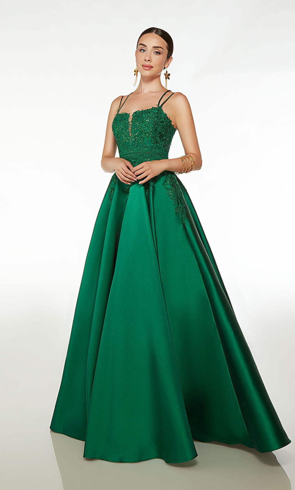 Alyce-61570-Plunging-Neckline-Strappy-Back-Lace-Mikado-Ball-Gown-Emerald-Evening-Dress-B-Chic-Fashions-Prom-Dress
