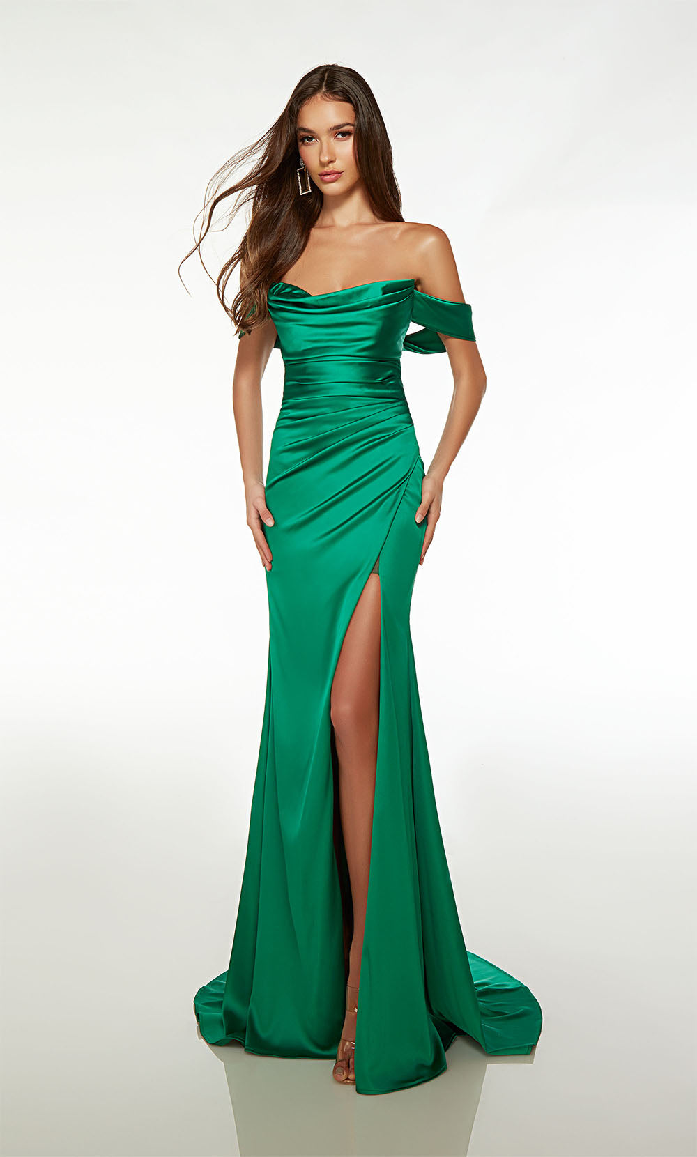 Alyce 61571 Off The Shoulder Neckline Closed Back Front Slit Satin Fit N Flare Evening Dress B Chic Fashions Long Dress Evening Gowns