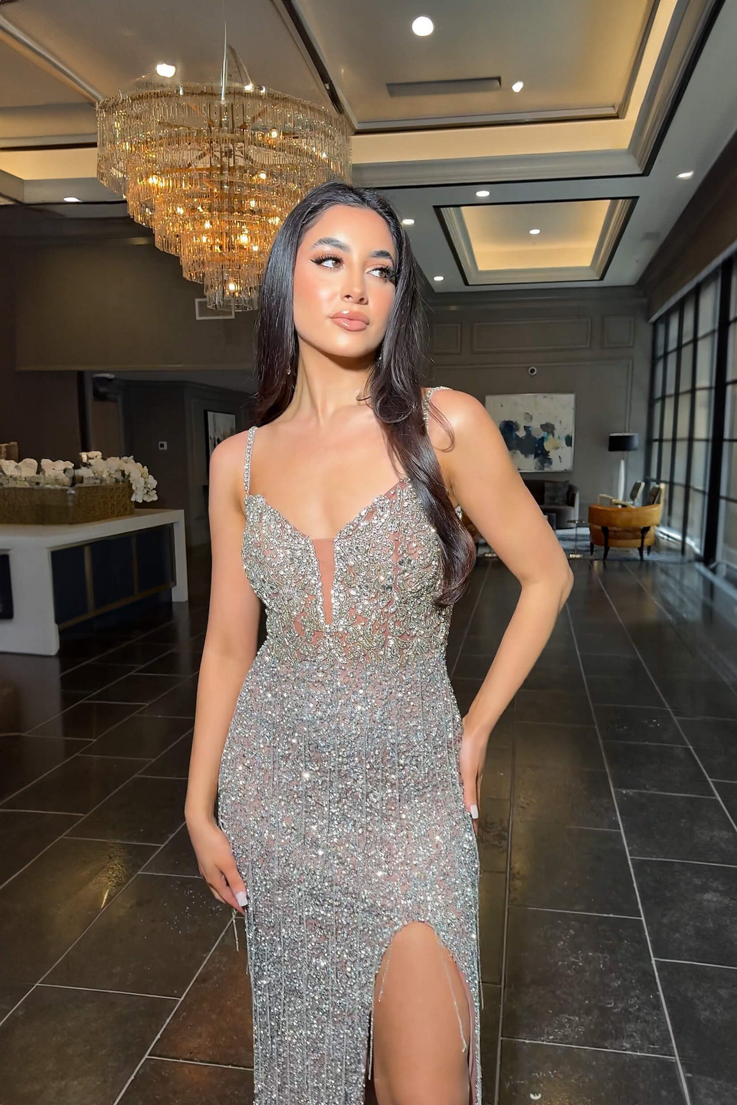 Amira Beaded Deep V Plunge Fitted High Slit Gown