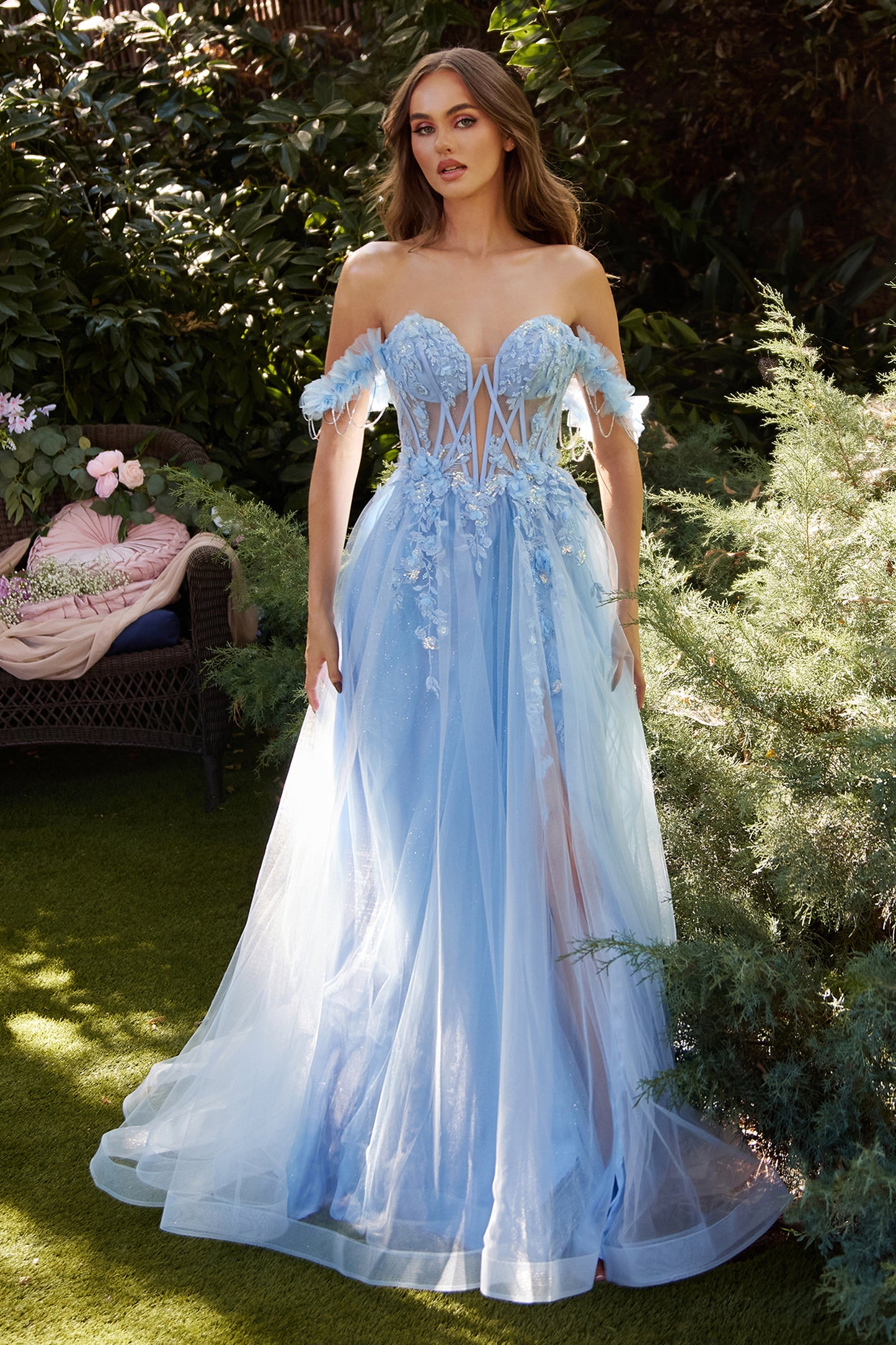 Andrea and Leo A1237 Off Shoulder Neckline Midrise Back Sweep Train Tulle A-Line Evening Dress B Chic Fashions Long Dress Evening Gowns