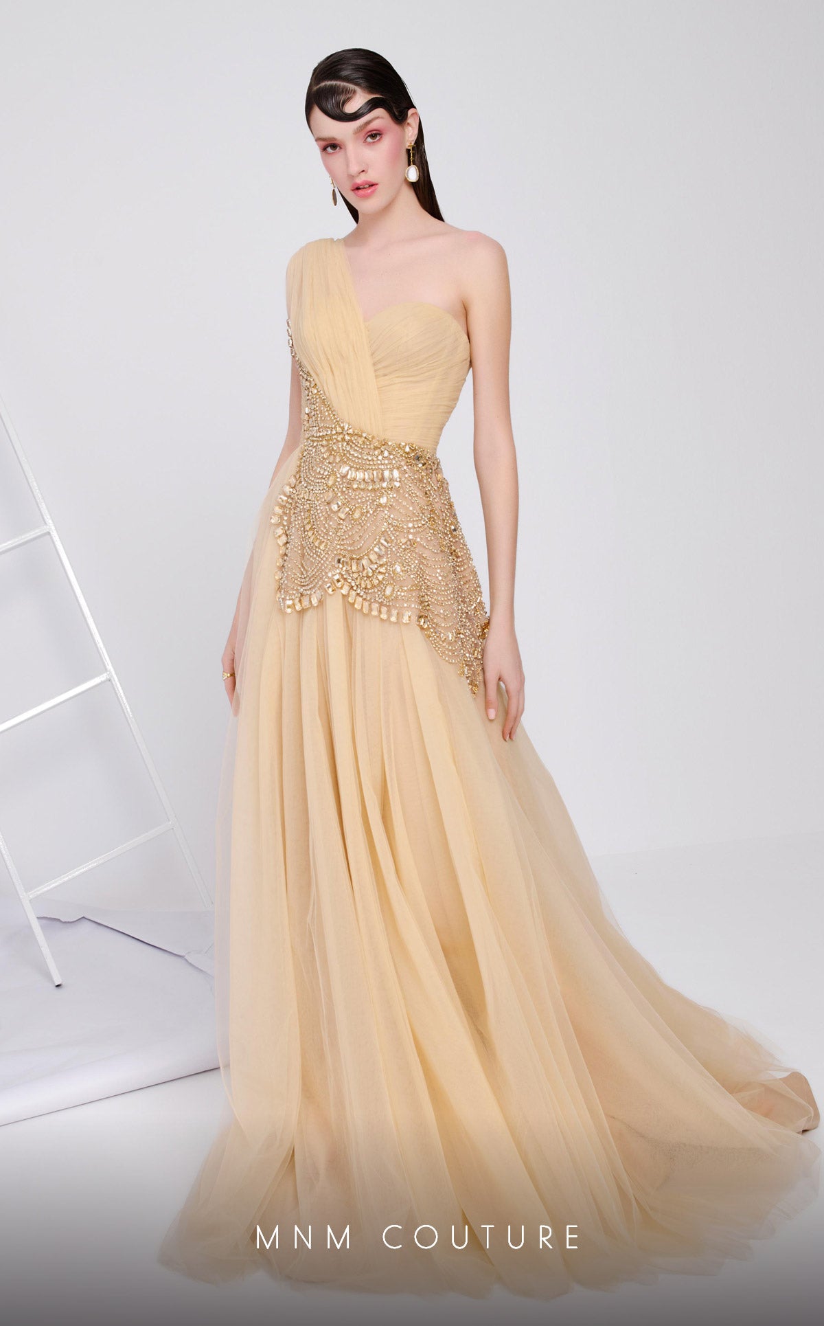 MNM Couture B1110 Intricate Tulle Asymmetric Gown