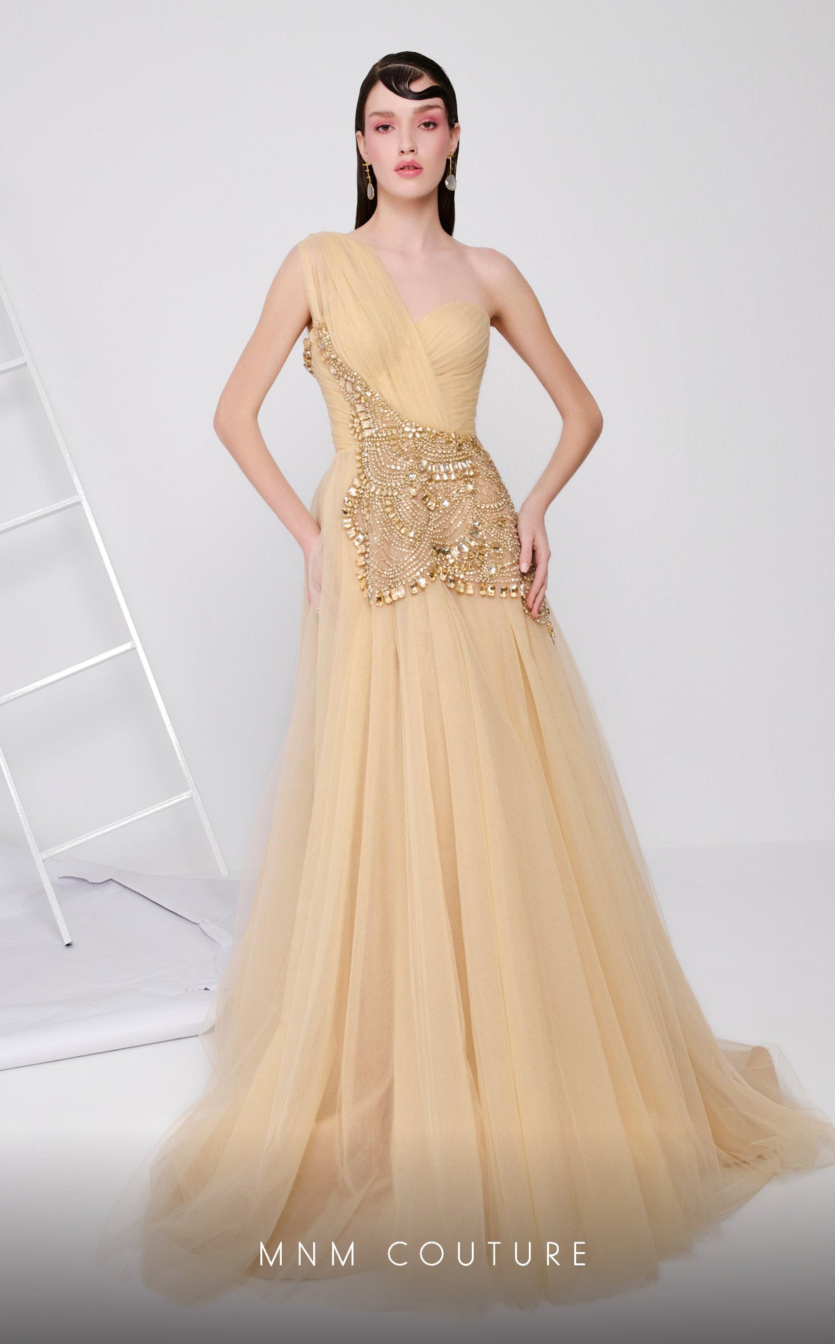 MNM Couture B1110 Intricate Tulle Asymmetric Gown