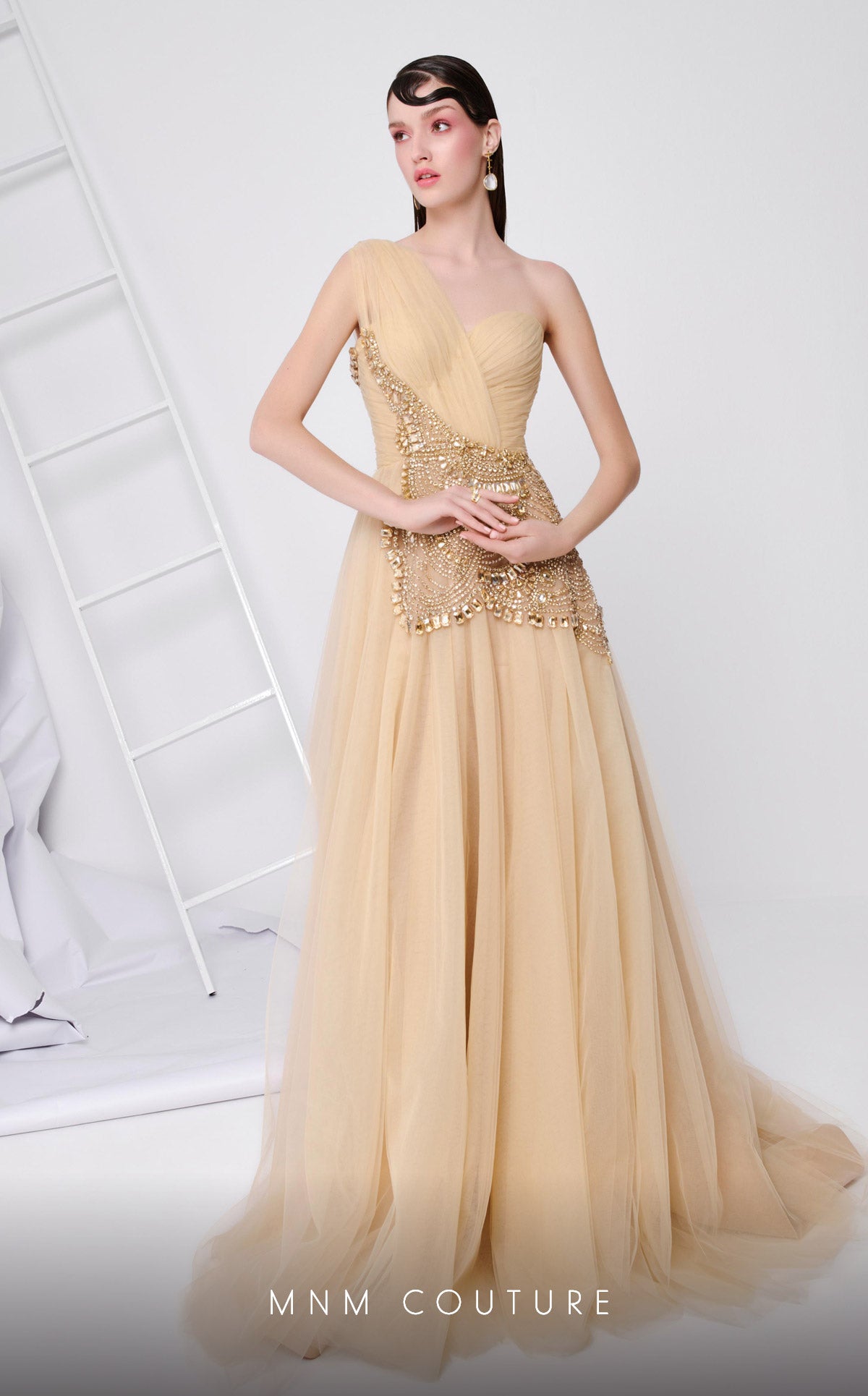 MNM Couture B1110 Intricate Tulle Asymmetric Gown