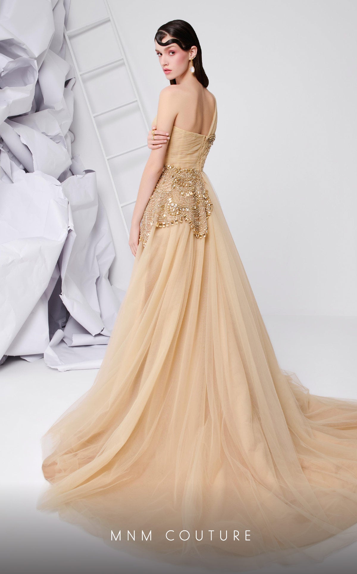MNM Couture B1110 Intricate Tulle Asymmetric Gown