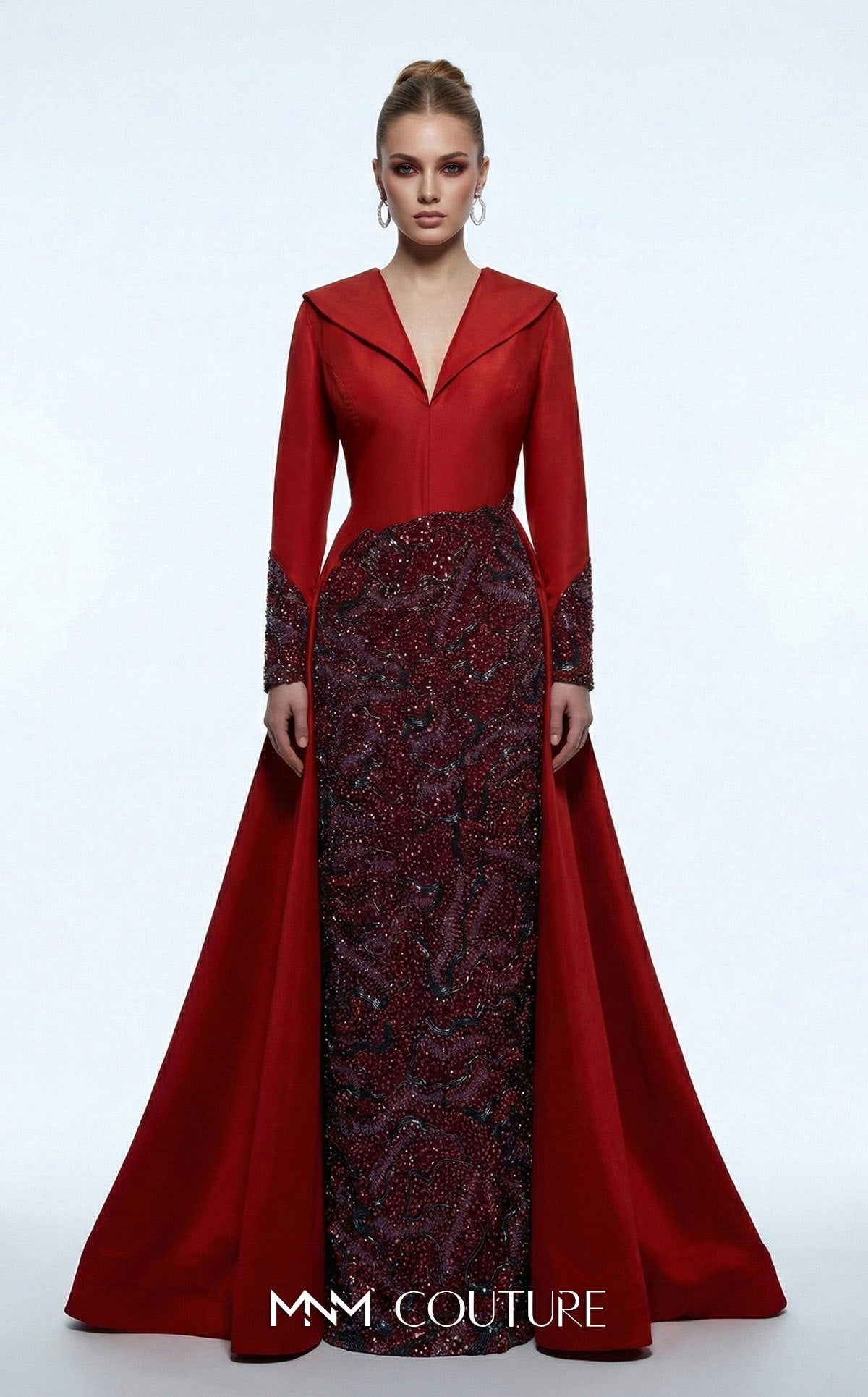 MNM Couture B1177 Red Long Sleeve V-Neck Gown with Embellished Skirt and Over-Skirt