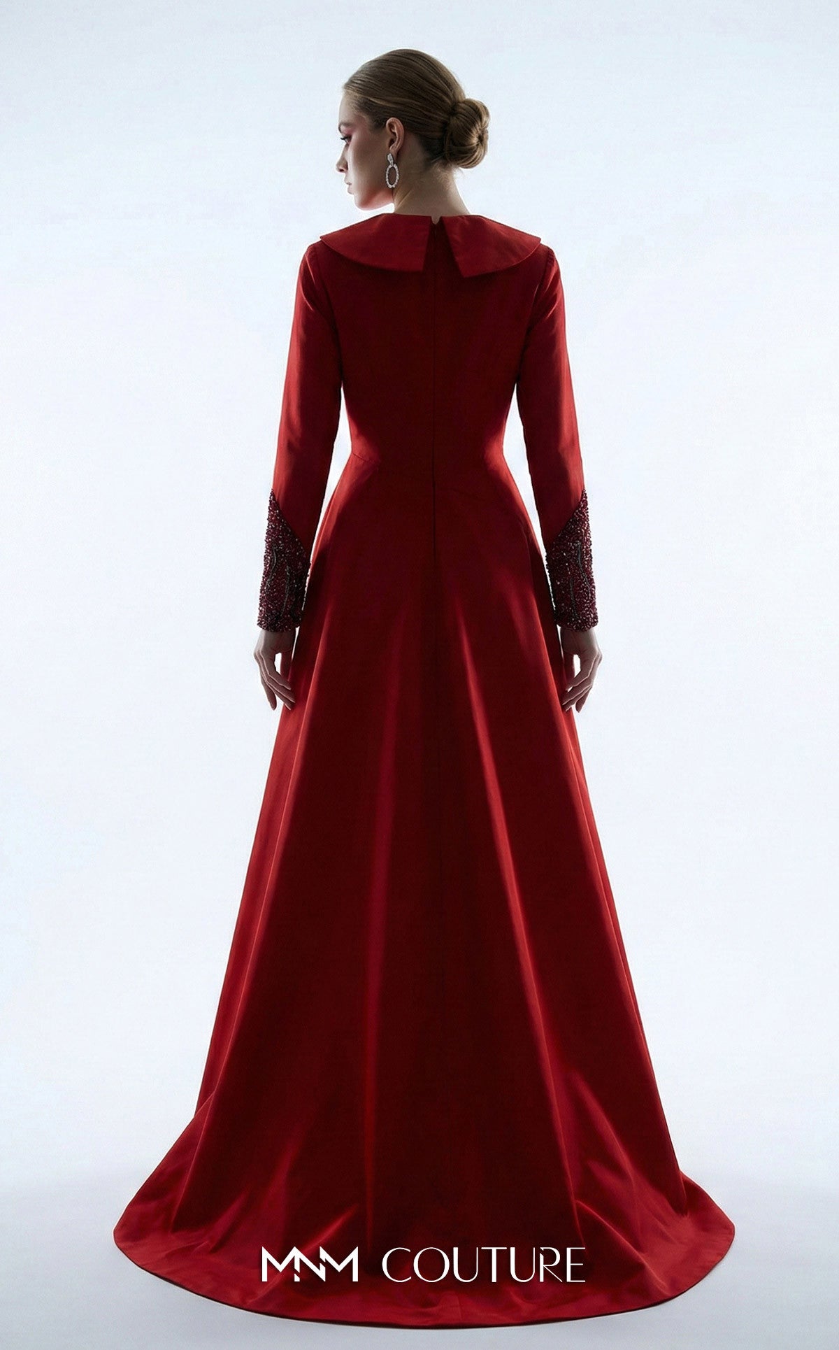 MNM Couture B1177 Red Long Sleeve V-Neck Gown with Embellished Skirt and Over-Skirt