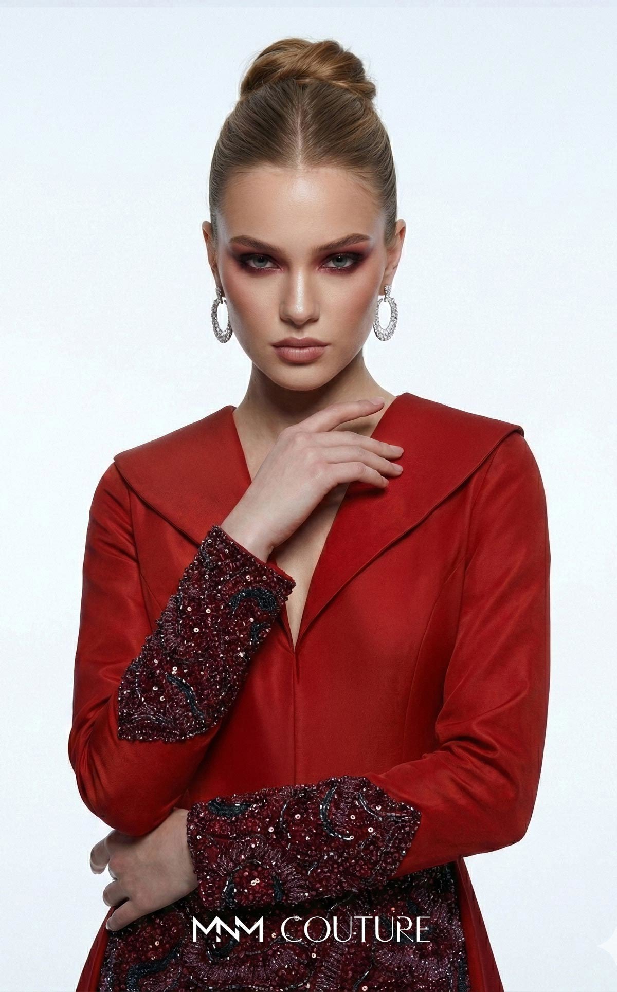 MNM Couture B1177 Red Long Sleeve V-Neck Gown with Embellished Skirt and Over-Skirt