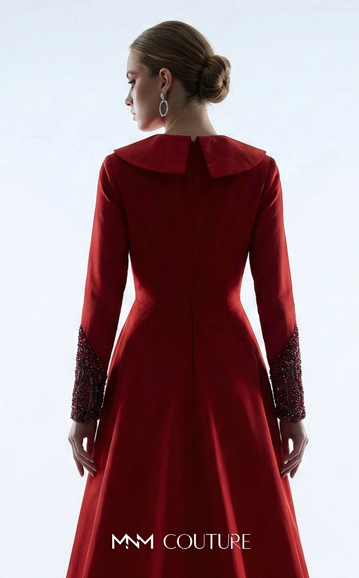 MNM Couture B1177 Red Long Sleeve V-Neck Gown with Embellished Skirt and Over-Skirt