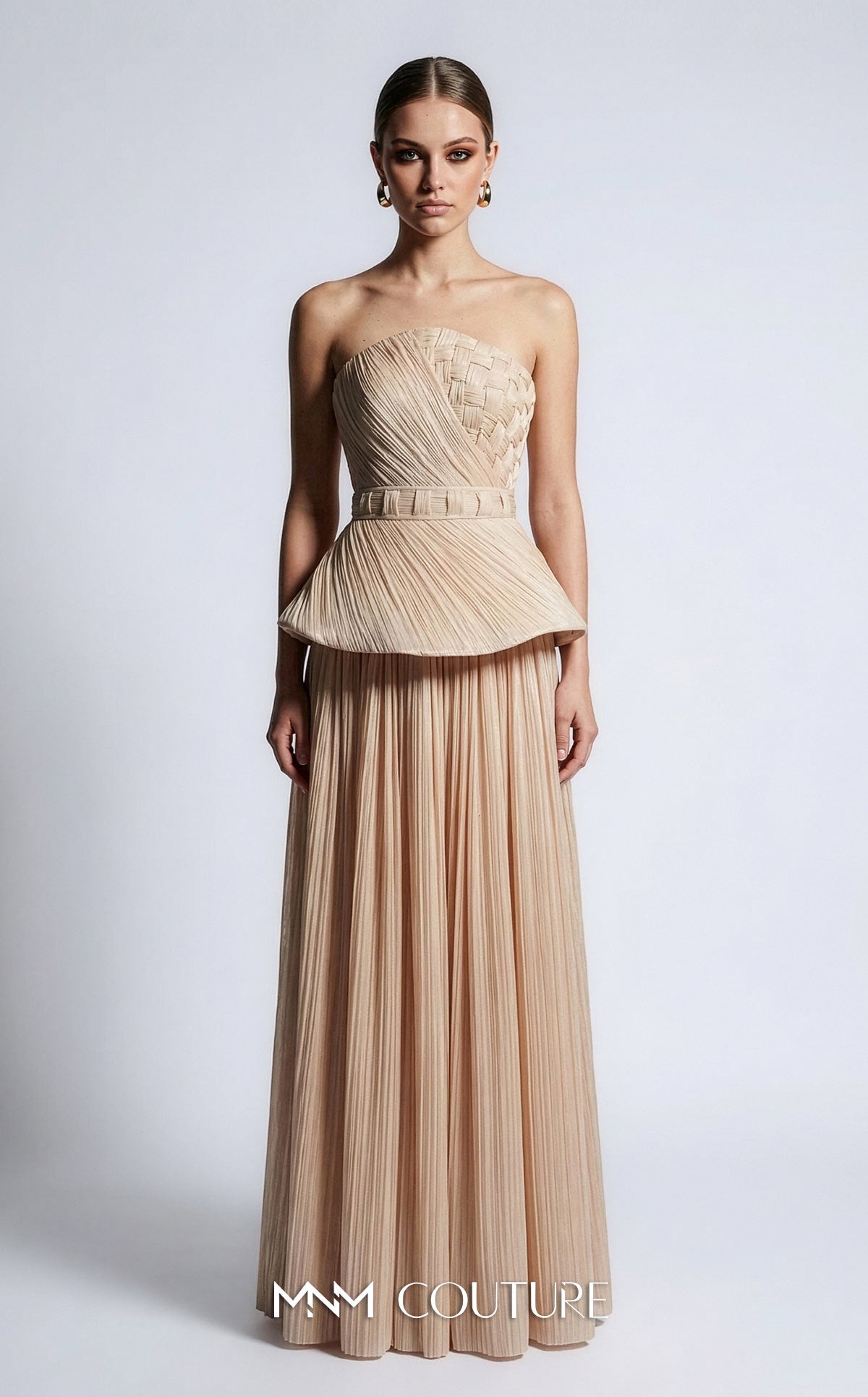 MNM Couture B1186 Gold Strapless Pleated Peplum Gown with Floral Bodice