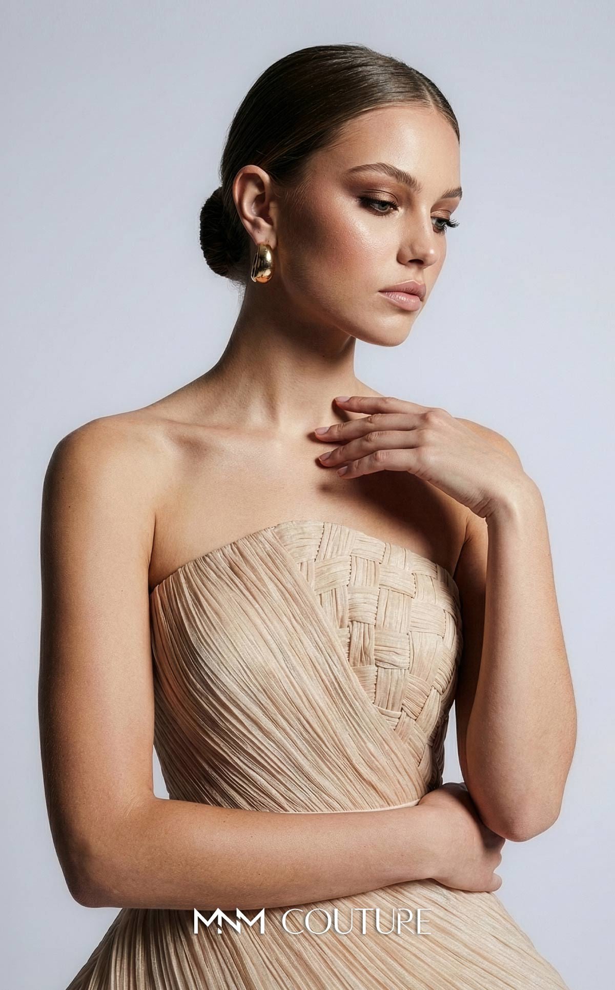 MNM Couture B1186 Gold Strapless Pleated Peplum Gown with Floral Bodice