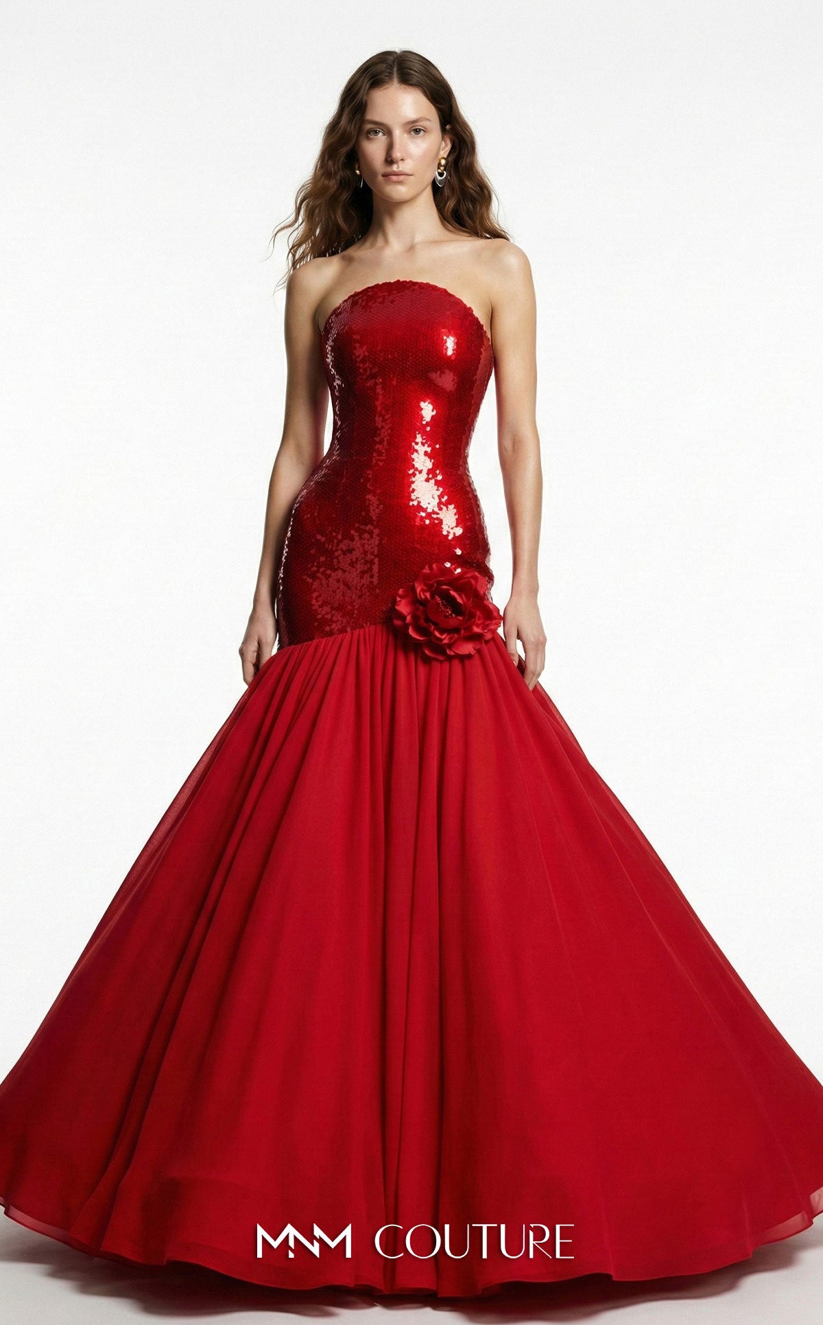 MNM Couture B1216A Red Strapless Sequin 3D Floral Ballgown