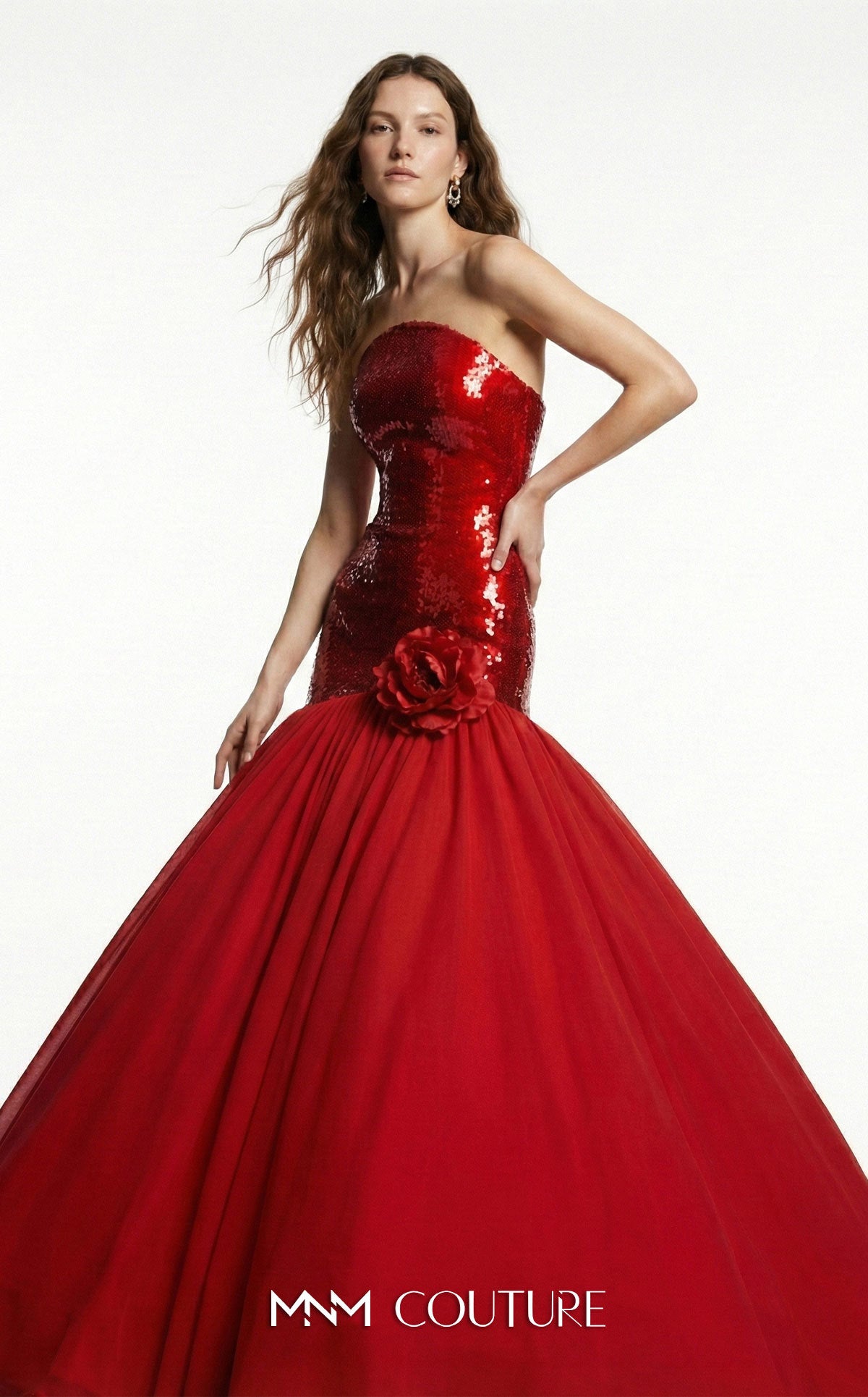 MNM Couture B1216A Red Strapless Sequin 3D Floral Ballgown
