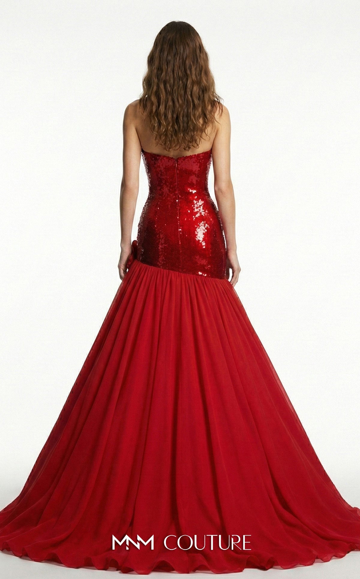 MNM Couture B1216A Red Strapless Sequin 3D Floral Ballgown