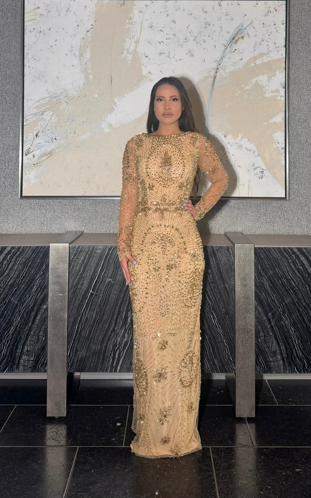 Khalilah Modest long sleeve Gold Dress