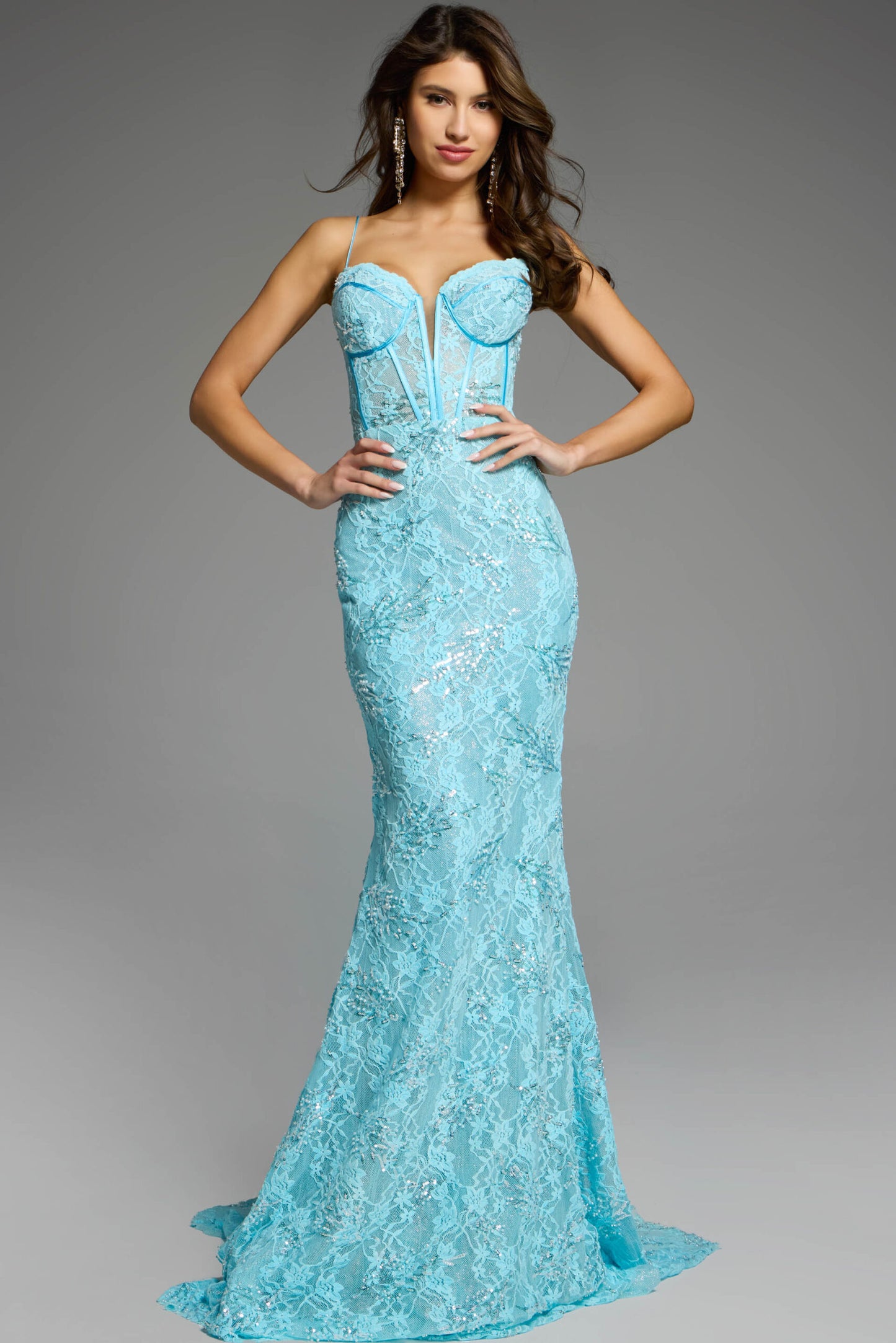 Jovani D5009 Sweetheart Lace Gown with Corset Bodice and Lace-Up Back