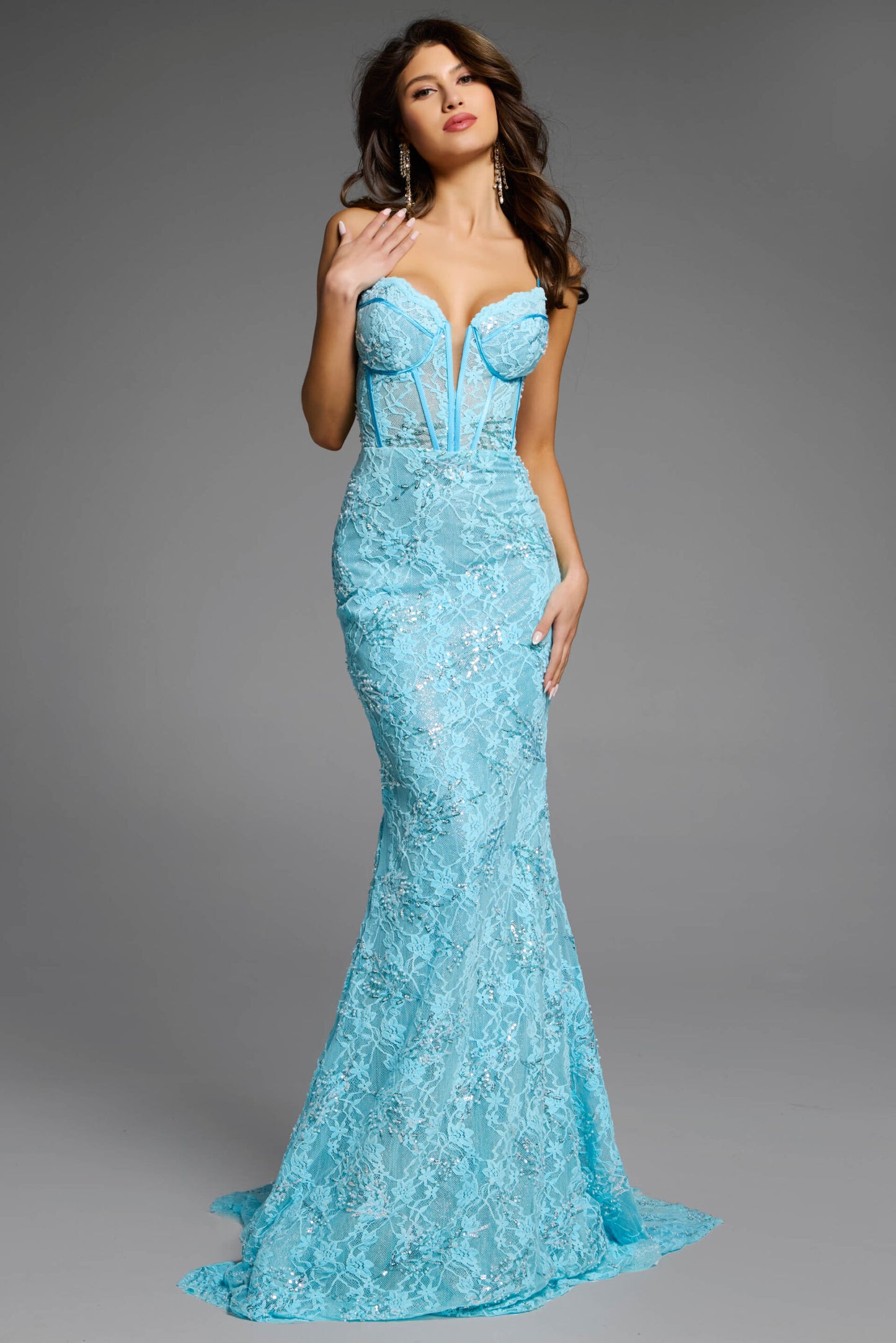Jovani D5009 Sweetheart Lace Gown with Corset Bodice and Lace-Up Back
