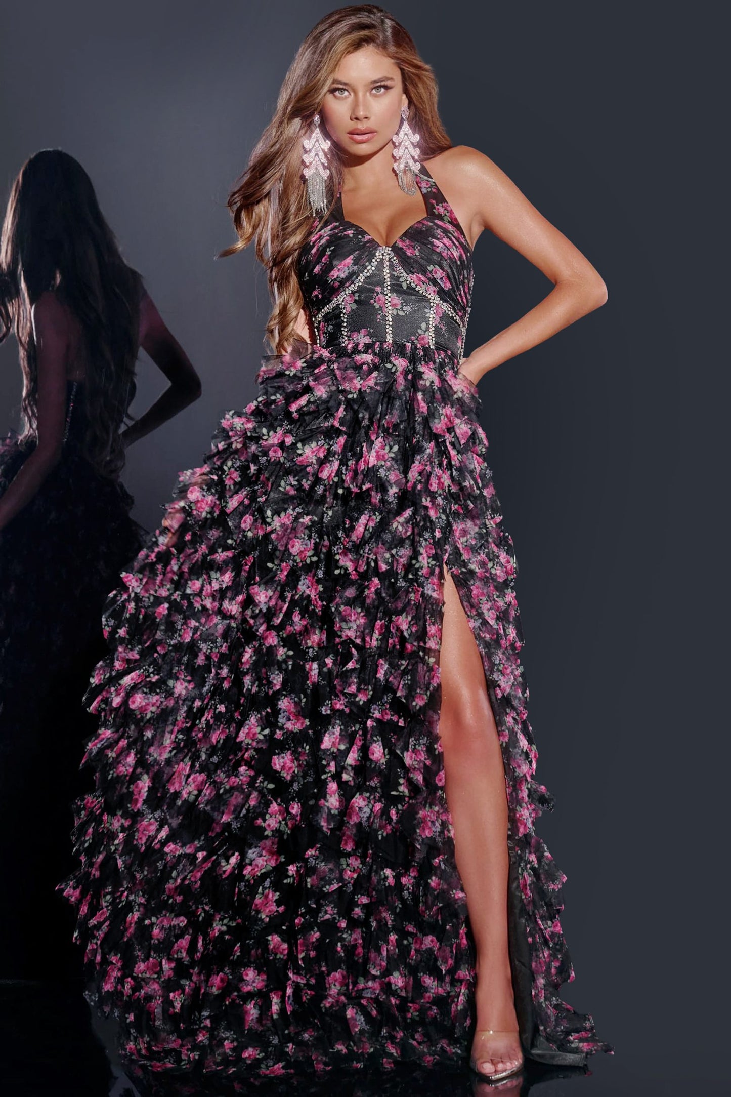 Jovani D5065 Floral Tiered Gown with Elegant Slit