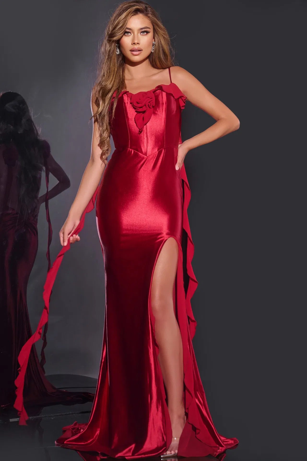 Jovani D5078 Elegant Gown with Rose Shoulder Detail and Thigh-High Slit