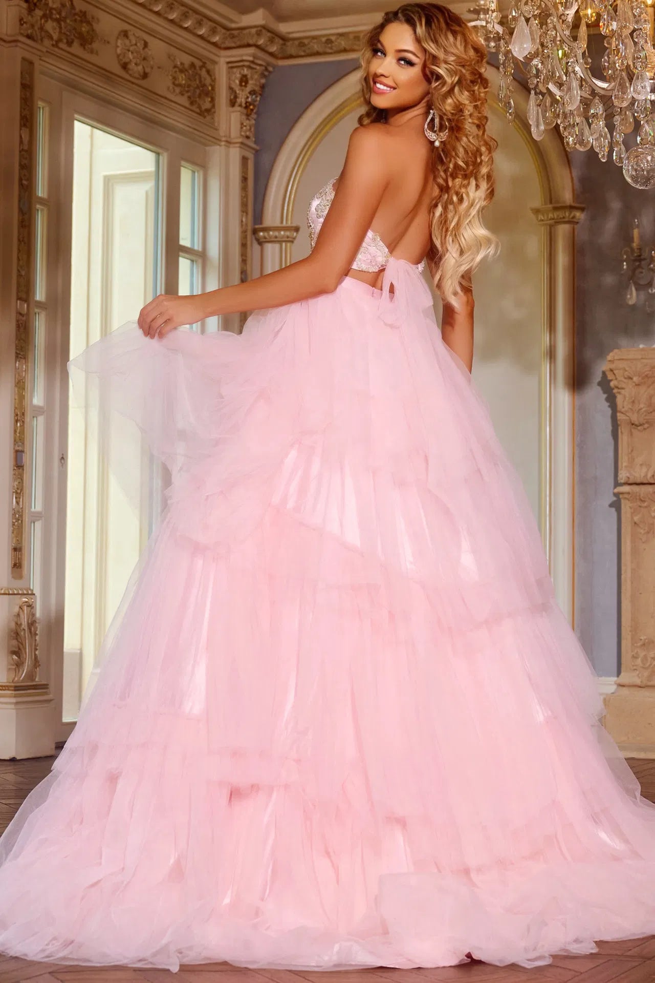 Jovani D5112 Tulle Ball Gown with Beaded Bodice and Layered Skirt