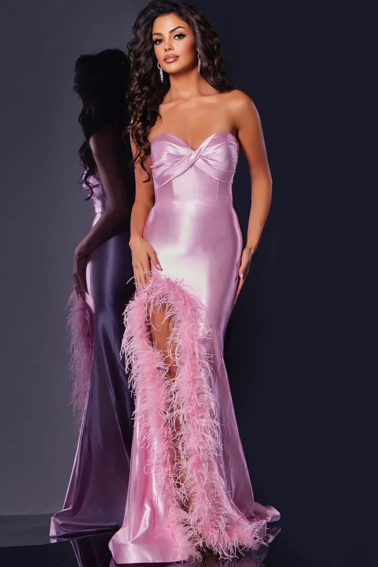 Jovani D5314 Strapless Satin Gown with Feather Trimmed Slit