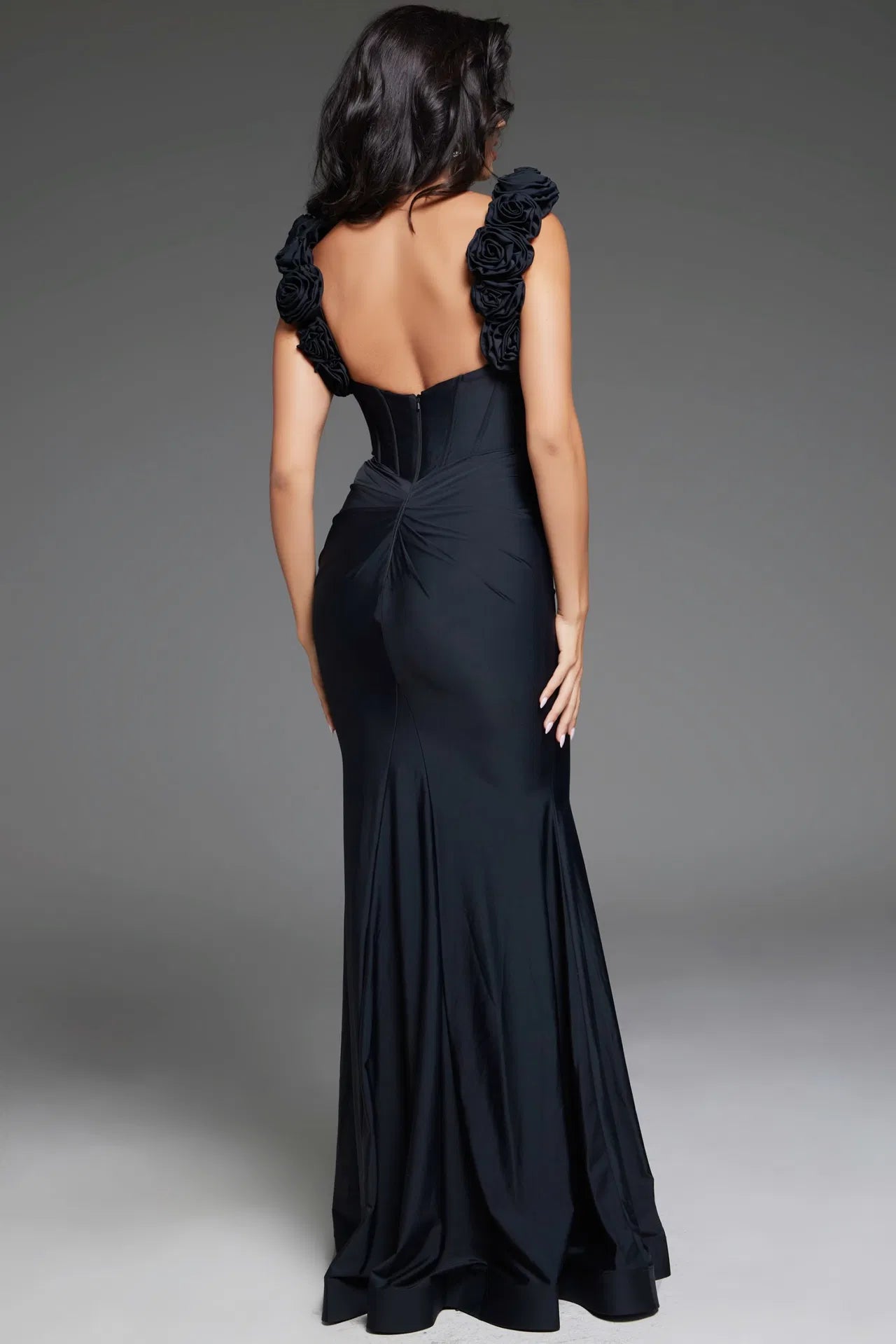 Jovani D5810 V Neck Dress With Sculpted Floral Shoulder Detail