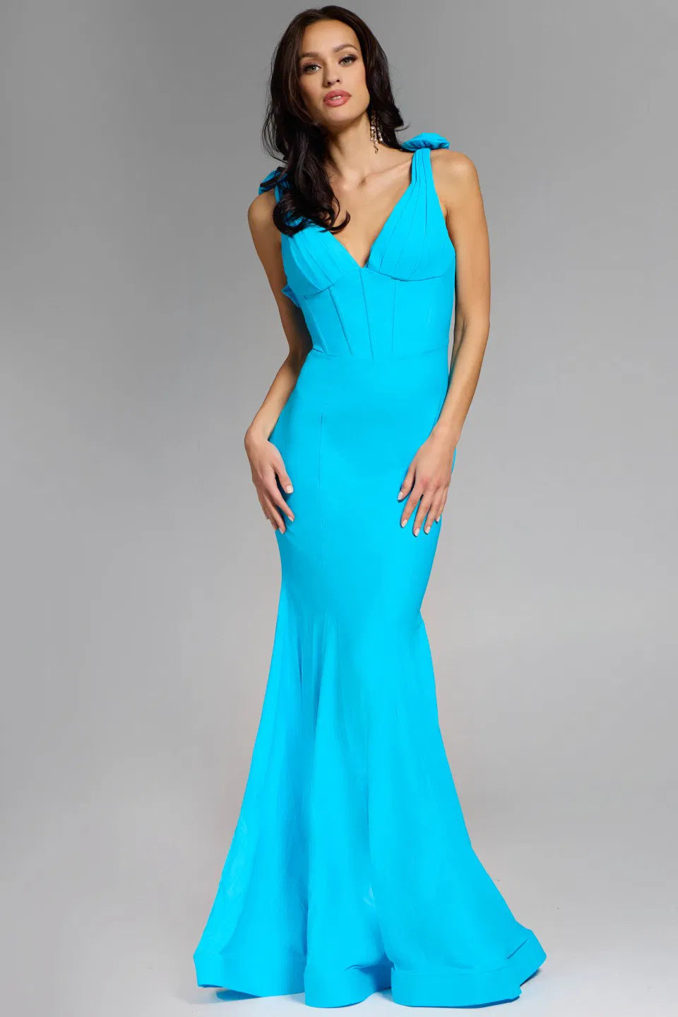 Jovani D5810 V Neck Dress With Sculpted Floral Shoulder Detail
