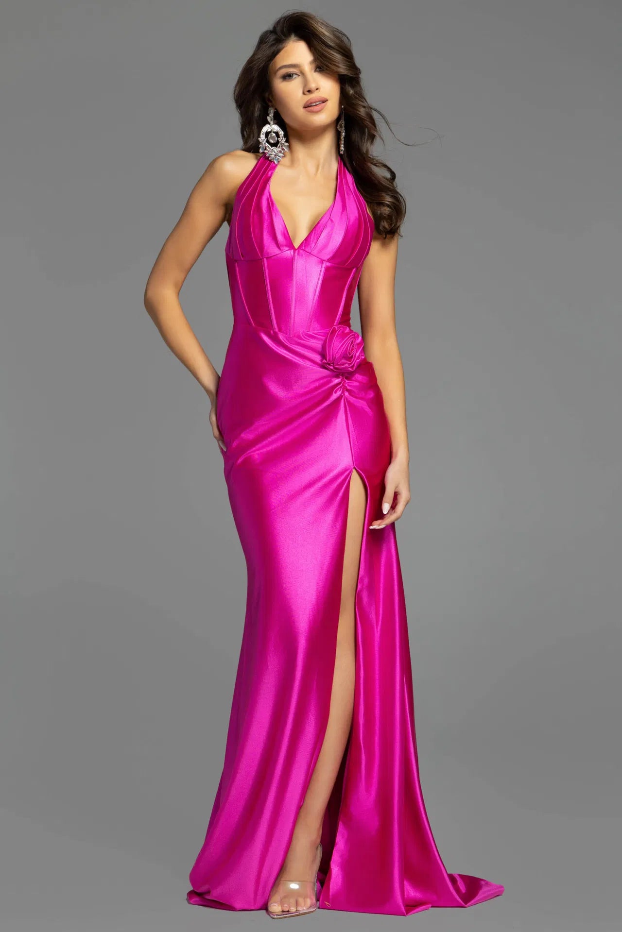 Jovani D5814 Halter Neck Satin Gown with High Slit and Floral Detail