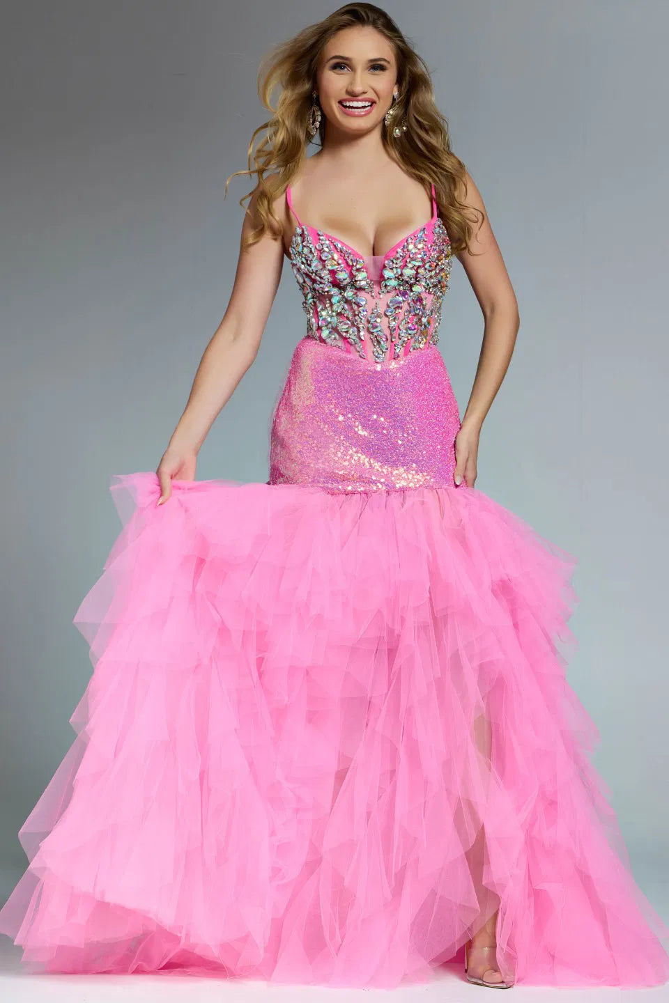 Jovani D5914 Crystal Embellished Gown with Ruffled Tulle Skirt