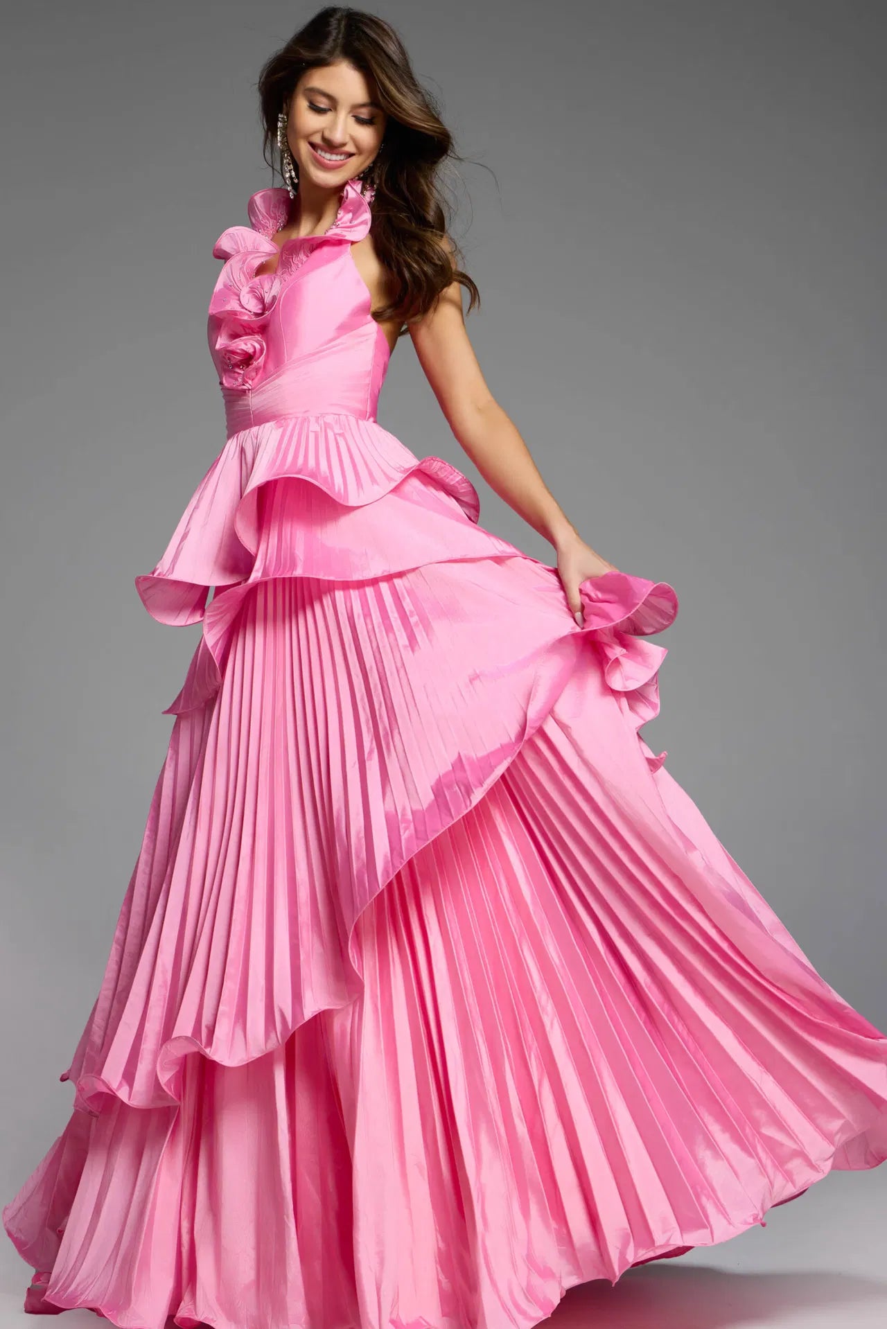 Jovani D6033 Tiered Ruffle Gown With Halter Neckline And Backless Design