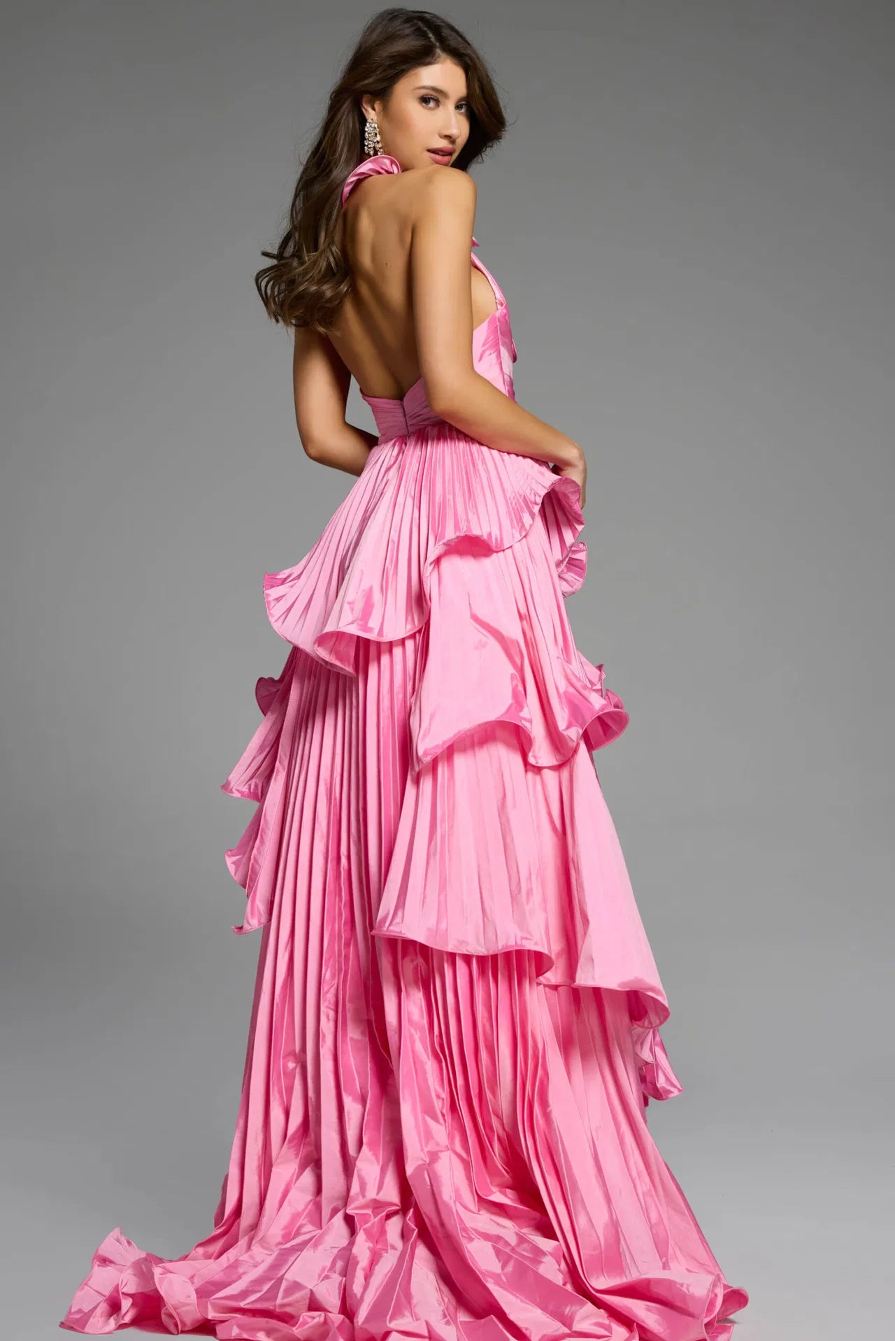 Jovani D6033 Tiered Ruffle Gown With Halter Neckline And Backless Design