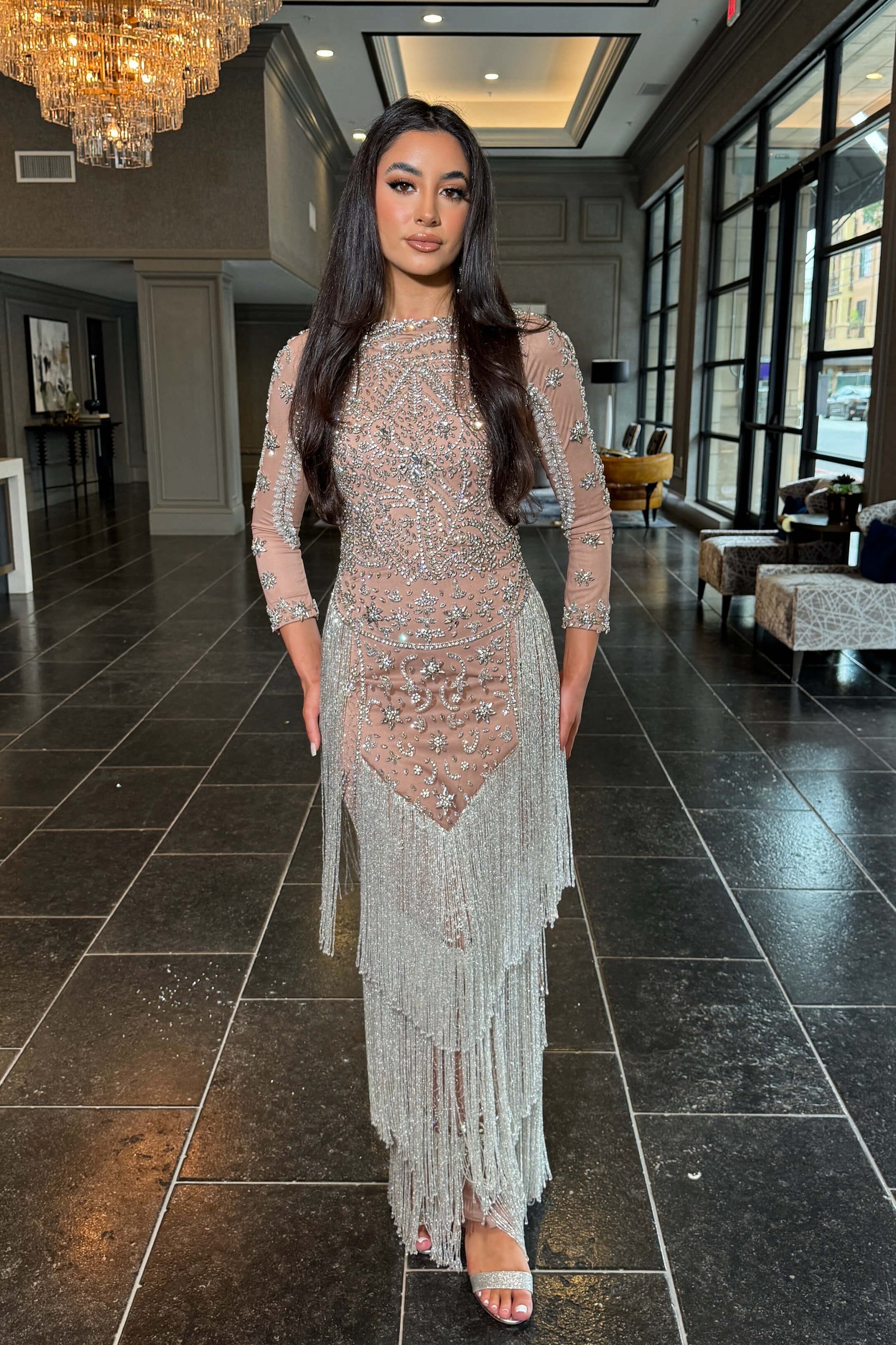 Dalia Long Sleeve Beaded Sequin Modest Tassel Gown | Modest Evening Wear by Iyza Belaar B Chic Fashions Dalia Long Sleeve Beaded Sequin Modest Tassel Gown | Modest Evening Wear by Iyza Belaar B Chic Fashions