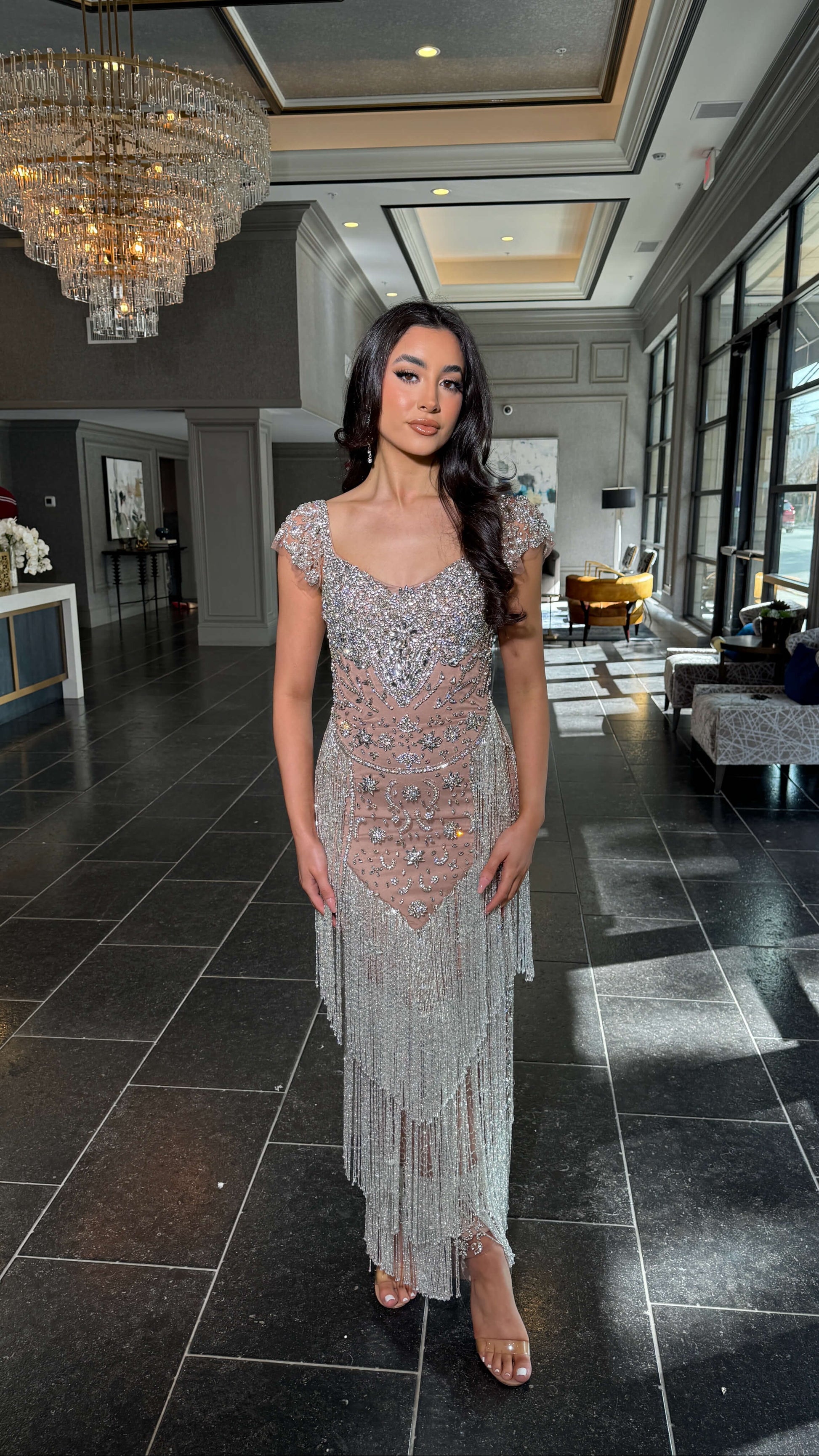 Dinah Cap Sleeve Beaded Tassel Dress - Nude/Silver / 0 Dinah Cap Sleeve Beaded Tassel Dress - Nude/Silver / 0