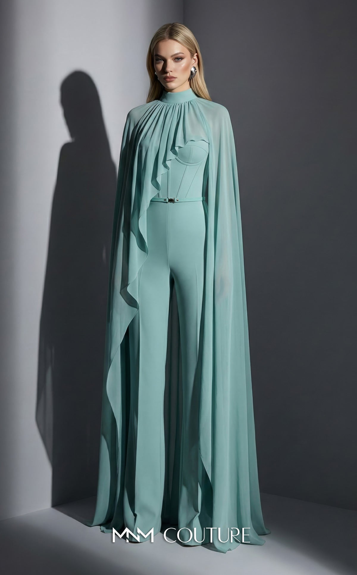 MNM Couture E0143 Chiffon High-Neck Cape Jumpsuit
