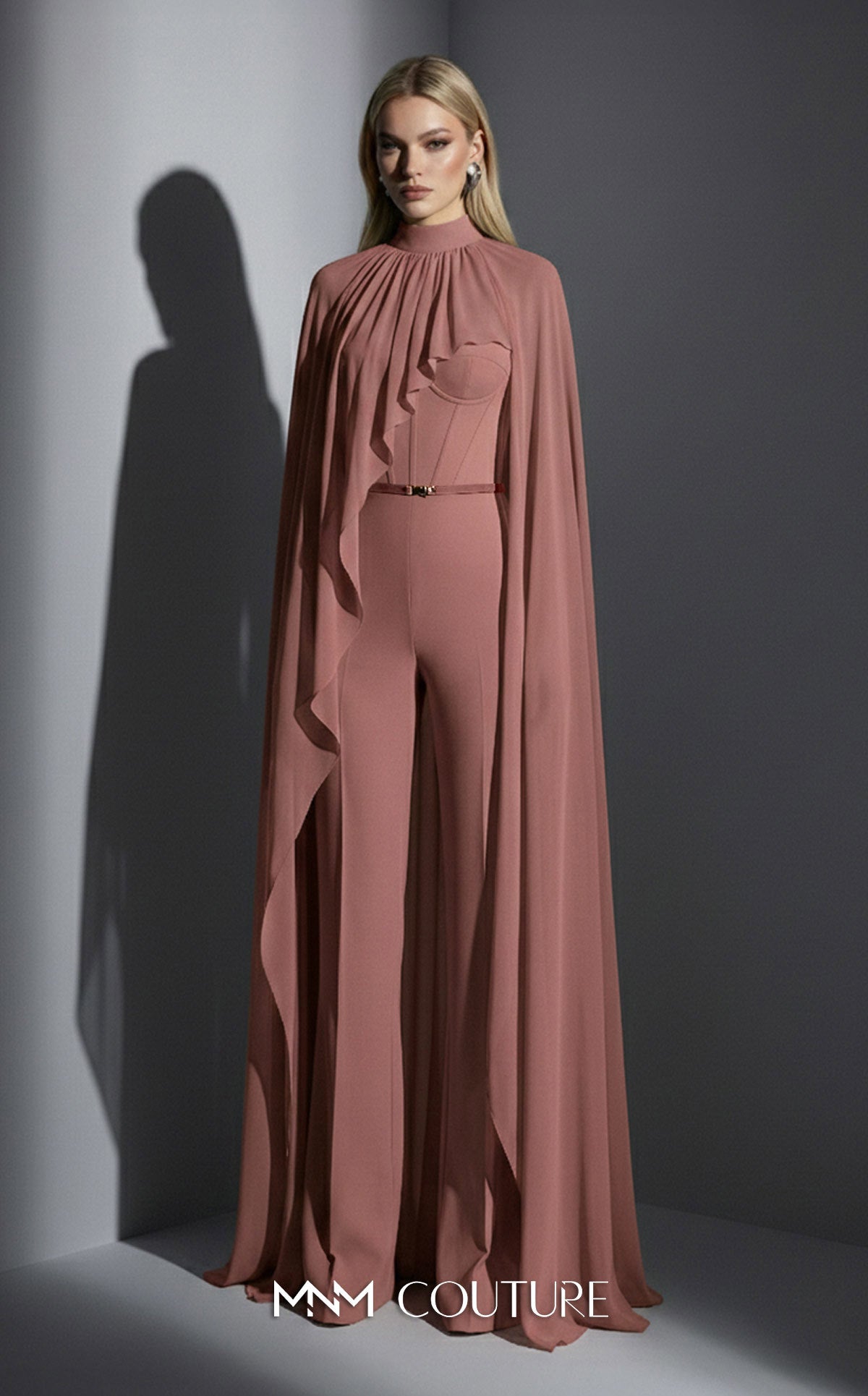 MNM Couture E0143 Chiffon High-Neck Cape Jumpsuit