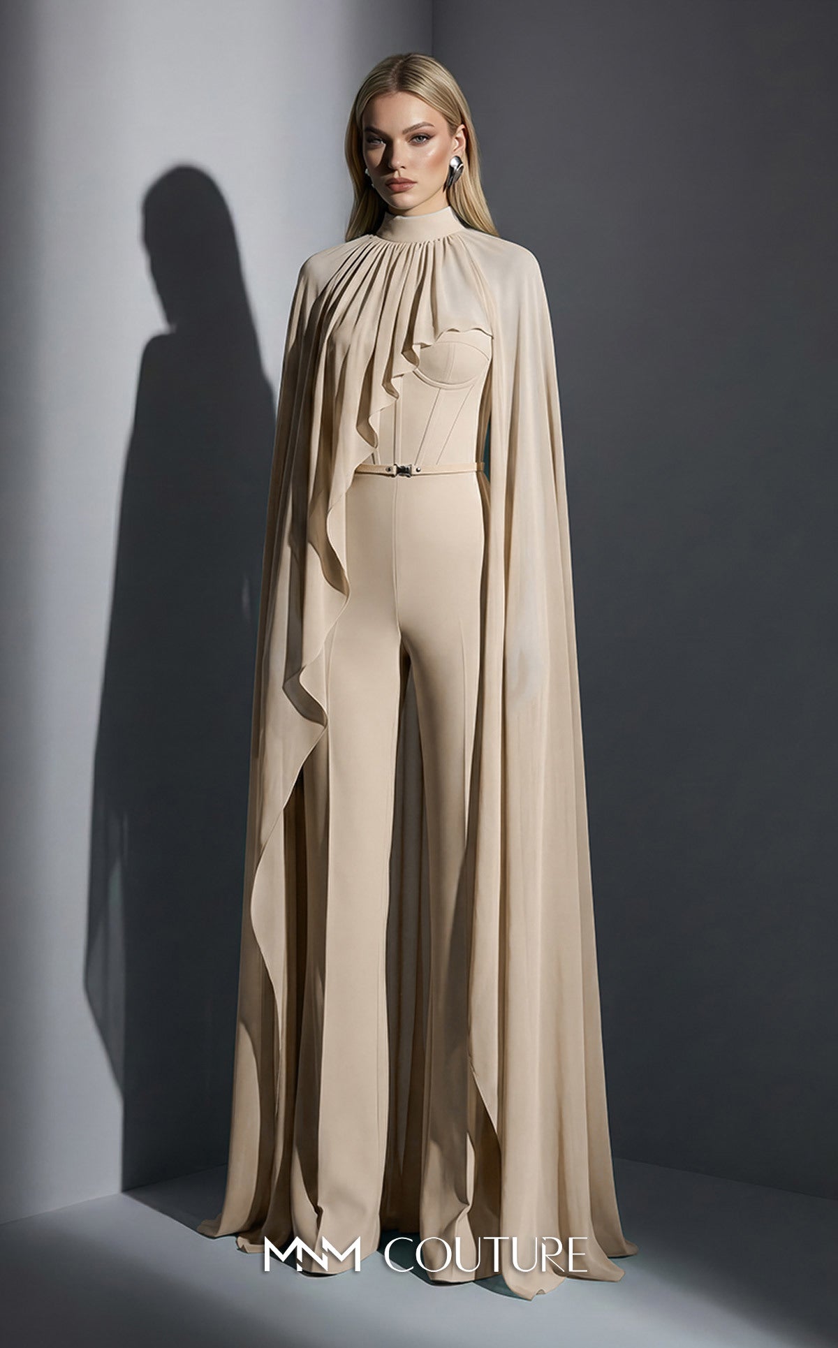 MNM Couture E0143 Chiffon High-Neck Cape Jumpsuit