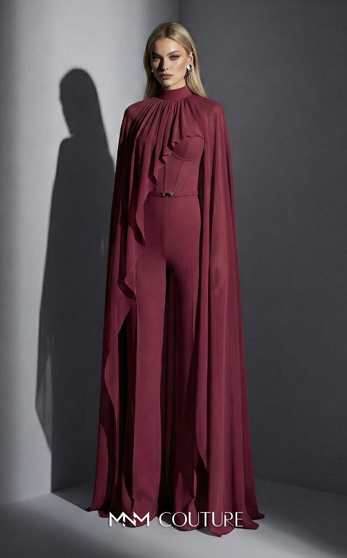 MNM Couture E0143 Chiffon High-Neck Cape Jumpsuit