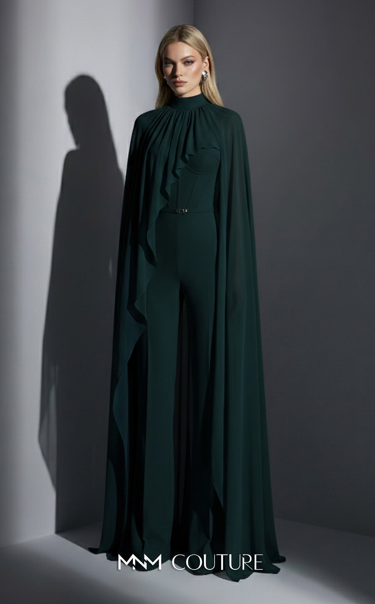 MNM Couture E0143 Chiffon High-Neck Cape Jumpsuit