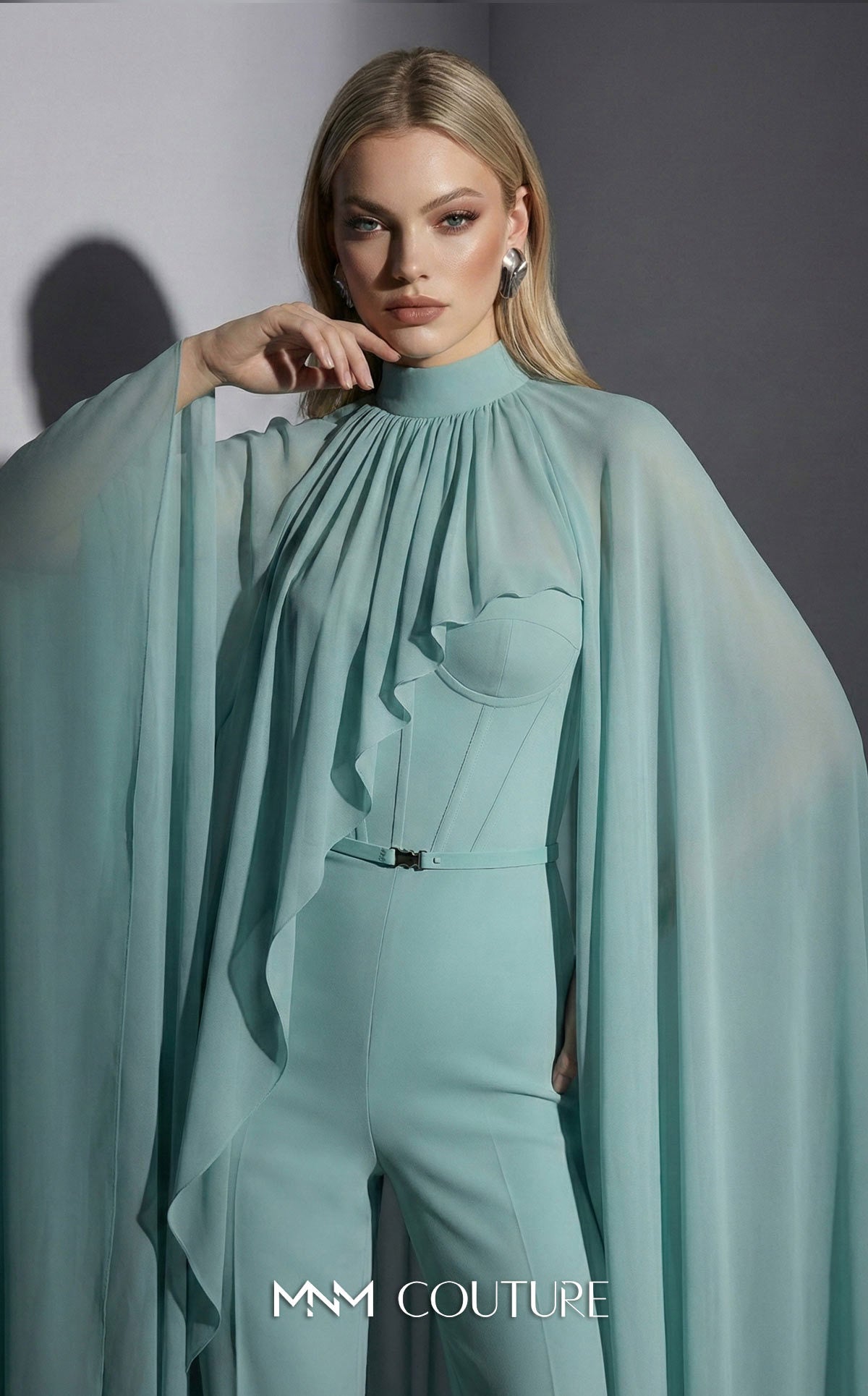 MNM Couture E0143 Chiffon High-Neck Cape Jumpsuit