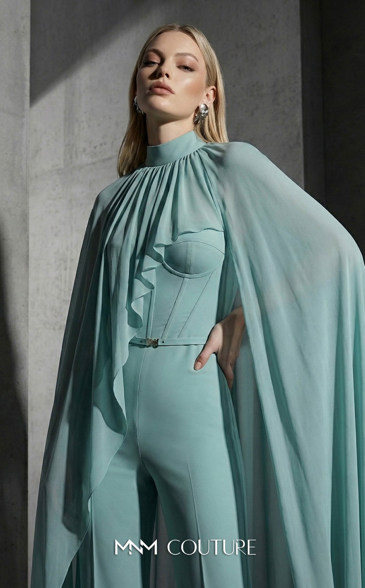 MNM Couture E0143 Chiffon High-Neck Cape Jumpsuit