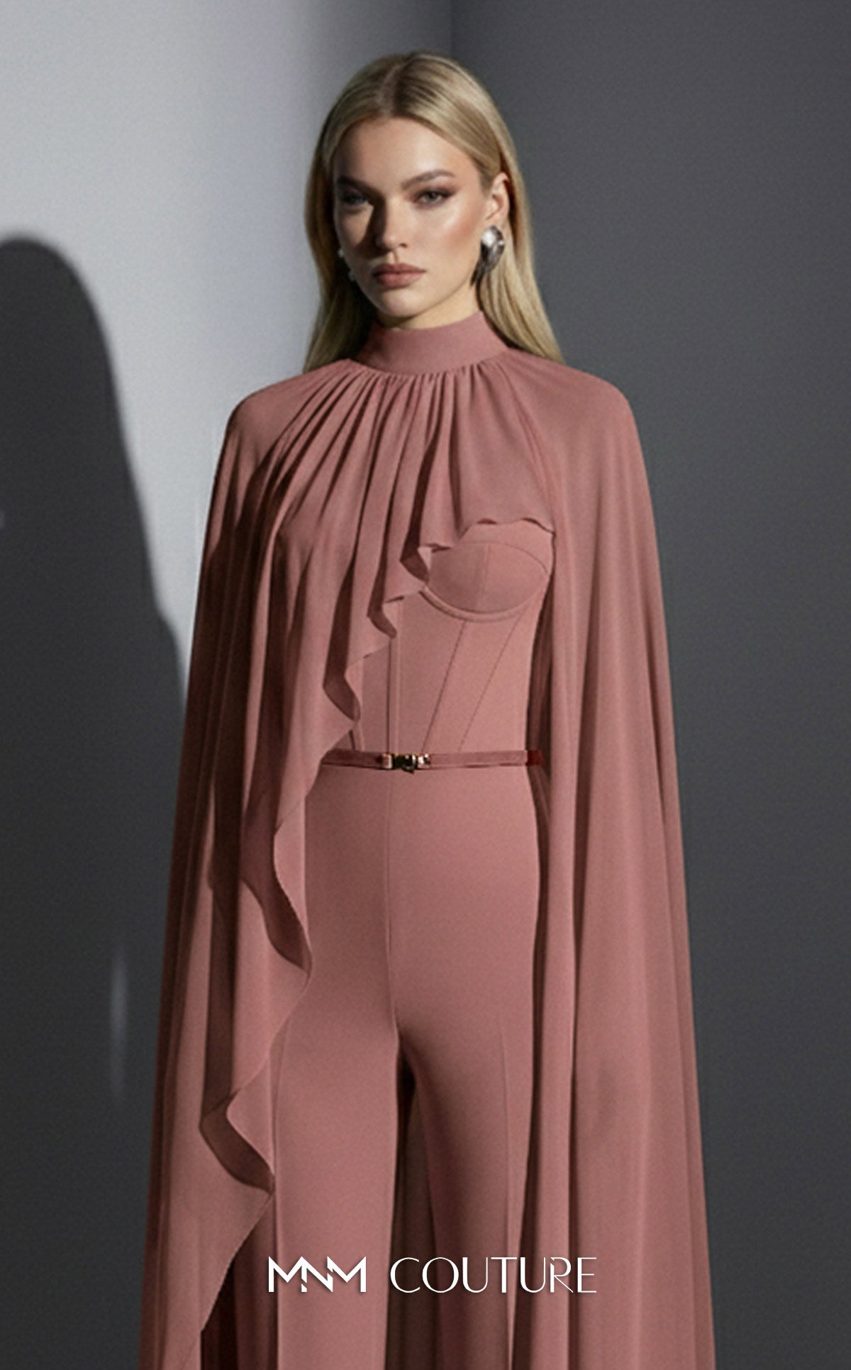MNM Couture E0143 Chiffon High-Neck Cape Jumpsuit