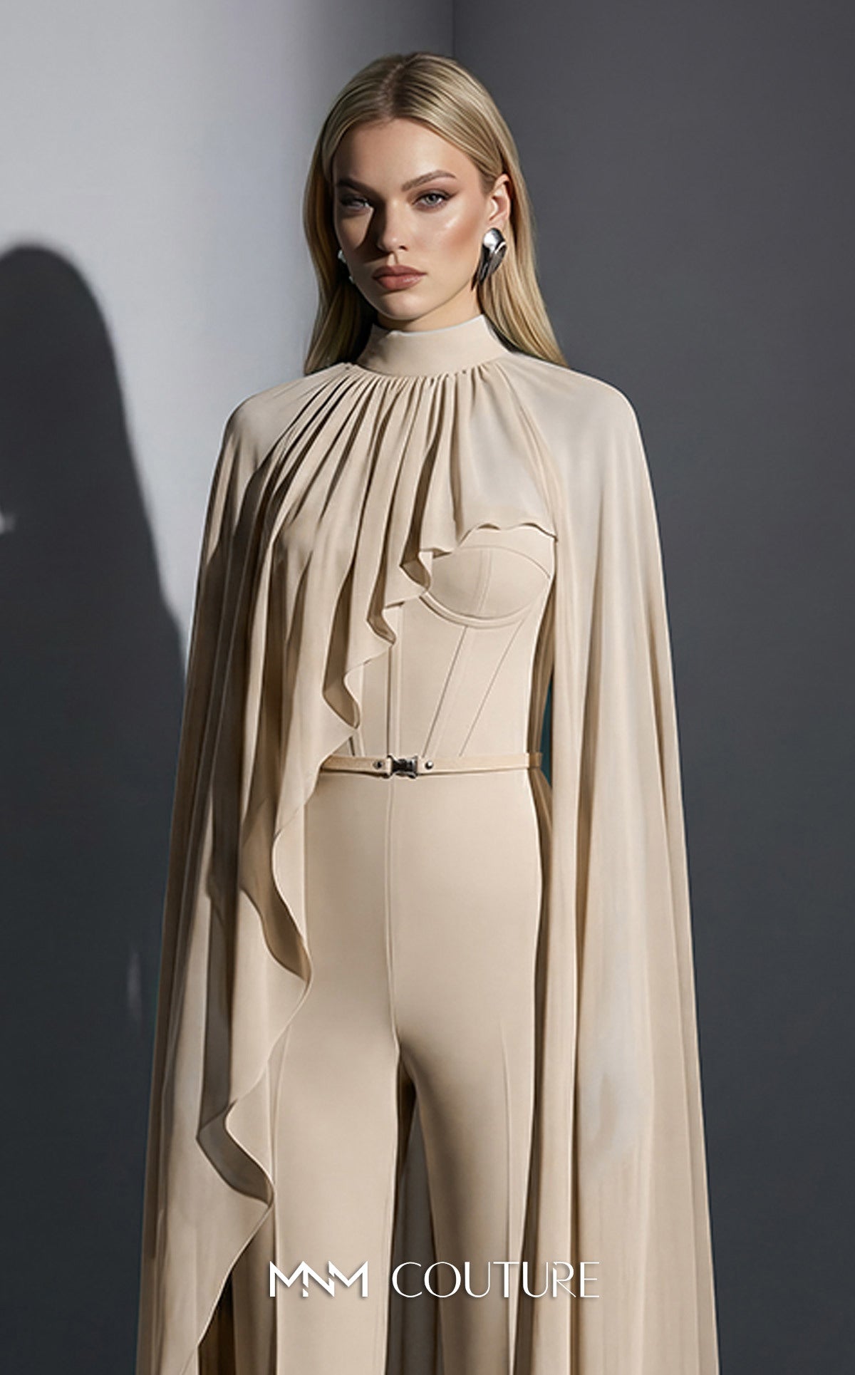 MNM Couture E0143 Chiffon High-Neck Cape Jumpsuit