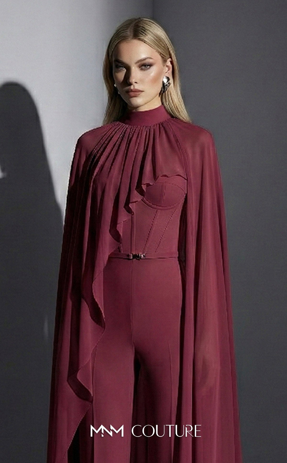 MNM Couture E0143 Chiffon High-Neck Cape Jumpsuit